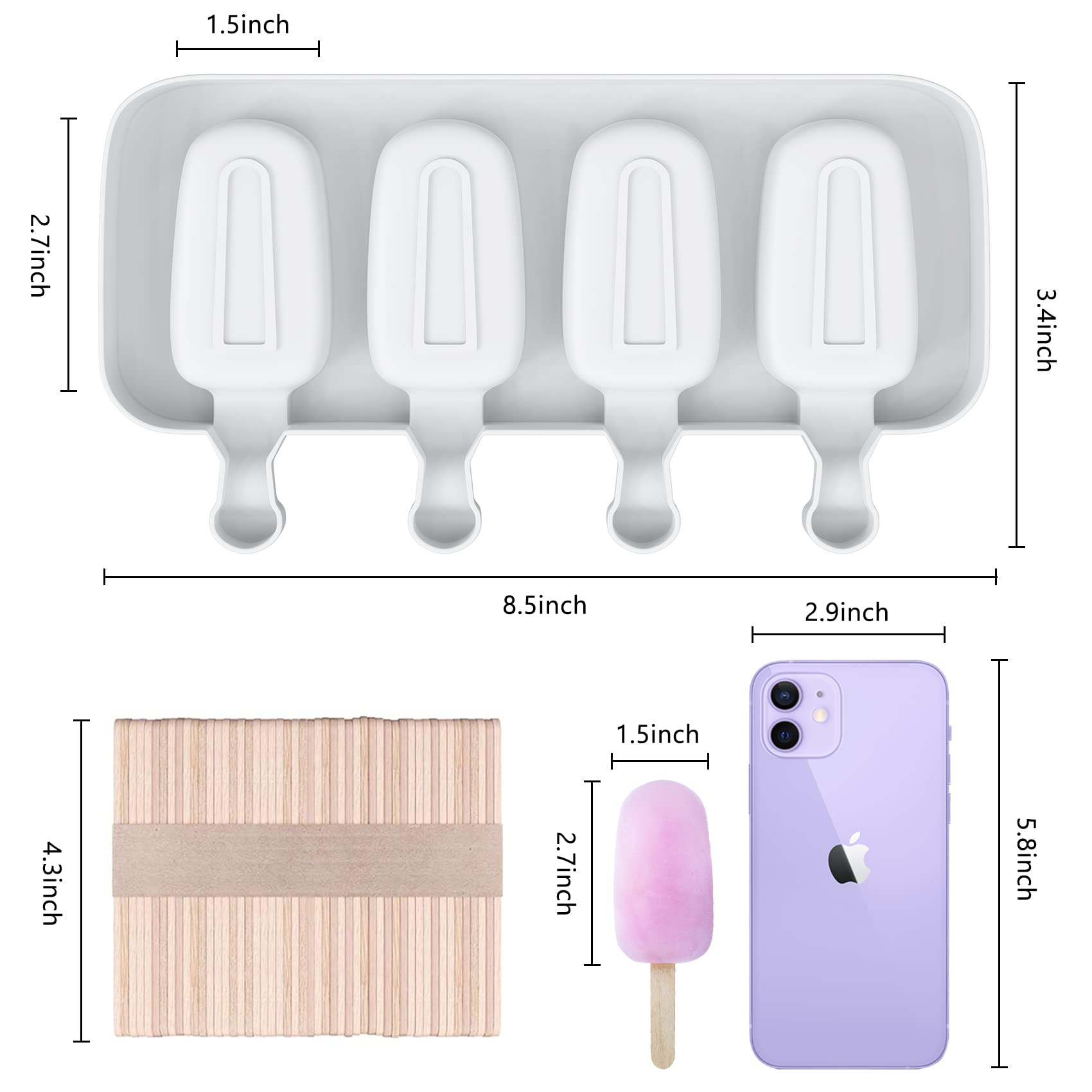 Ouddy Life Silicone Popsicle Molds Set of 2 - 4 Cavity Ice Pop Maker with 50 Wooden Sticks for Homemade Ice Cream, Cake Pops & DIY Frozen Treats - Perfect for Summer Parties, Kids Snacks & Healthy Desserts