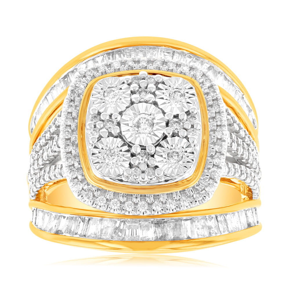 9ct Yellow Gold 1 Carat Diamond Square Cushion Cluster Ring for Women - Elegant Wedding, Engagement & Evening Party Jewelry Gift