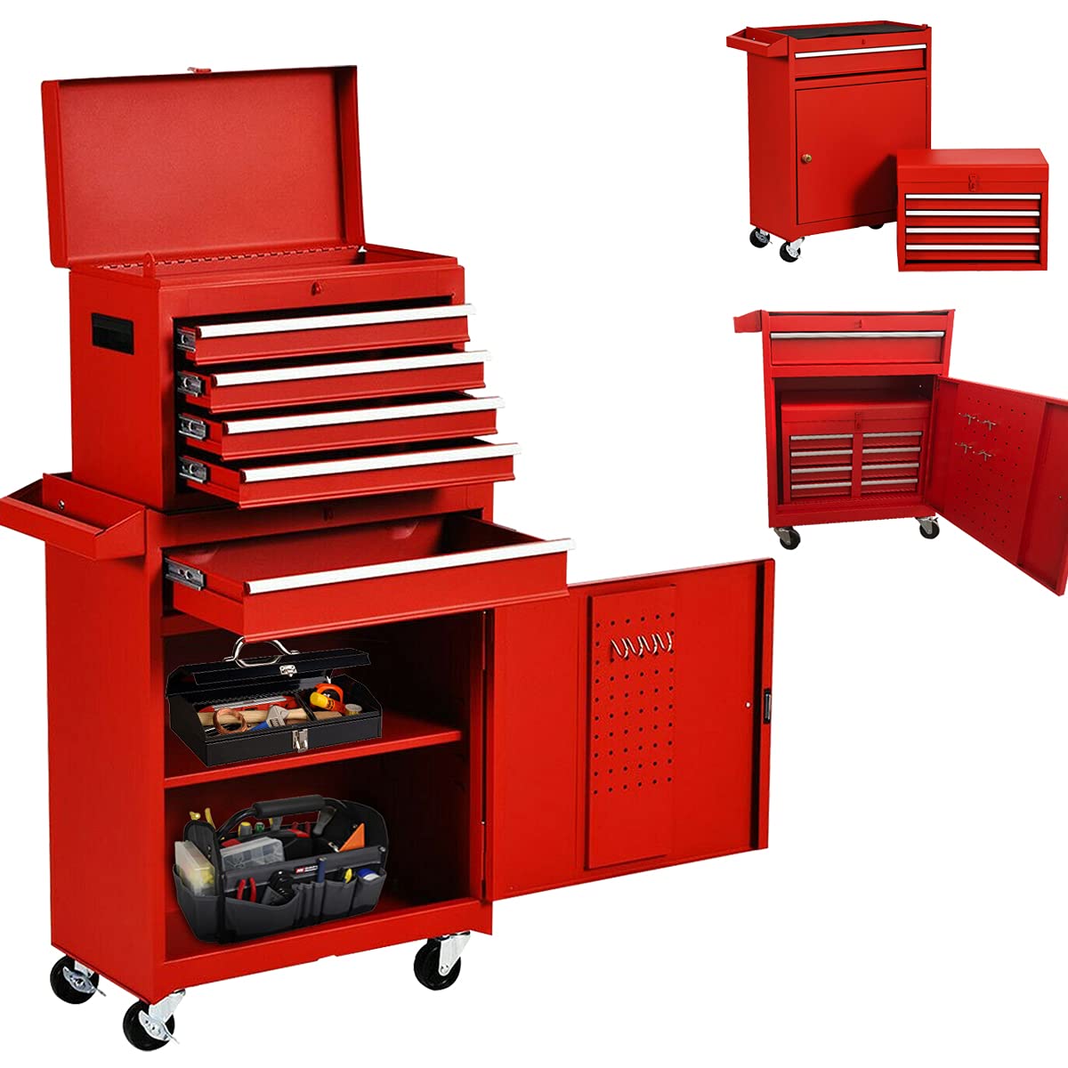 X&T 5-Drawer Rolling Tool Chest Set - Heavy Duty 2-Piece Steel Tool Cabinet Combo with Lockable Drawers & Wheels for Garage, Workshop, Warehouse Organization (Red) | Perfect for Mechanics, DIY Enthusiasts & Professional Tool Storage