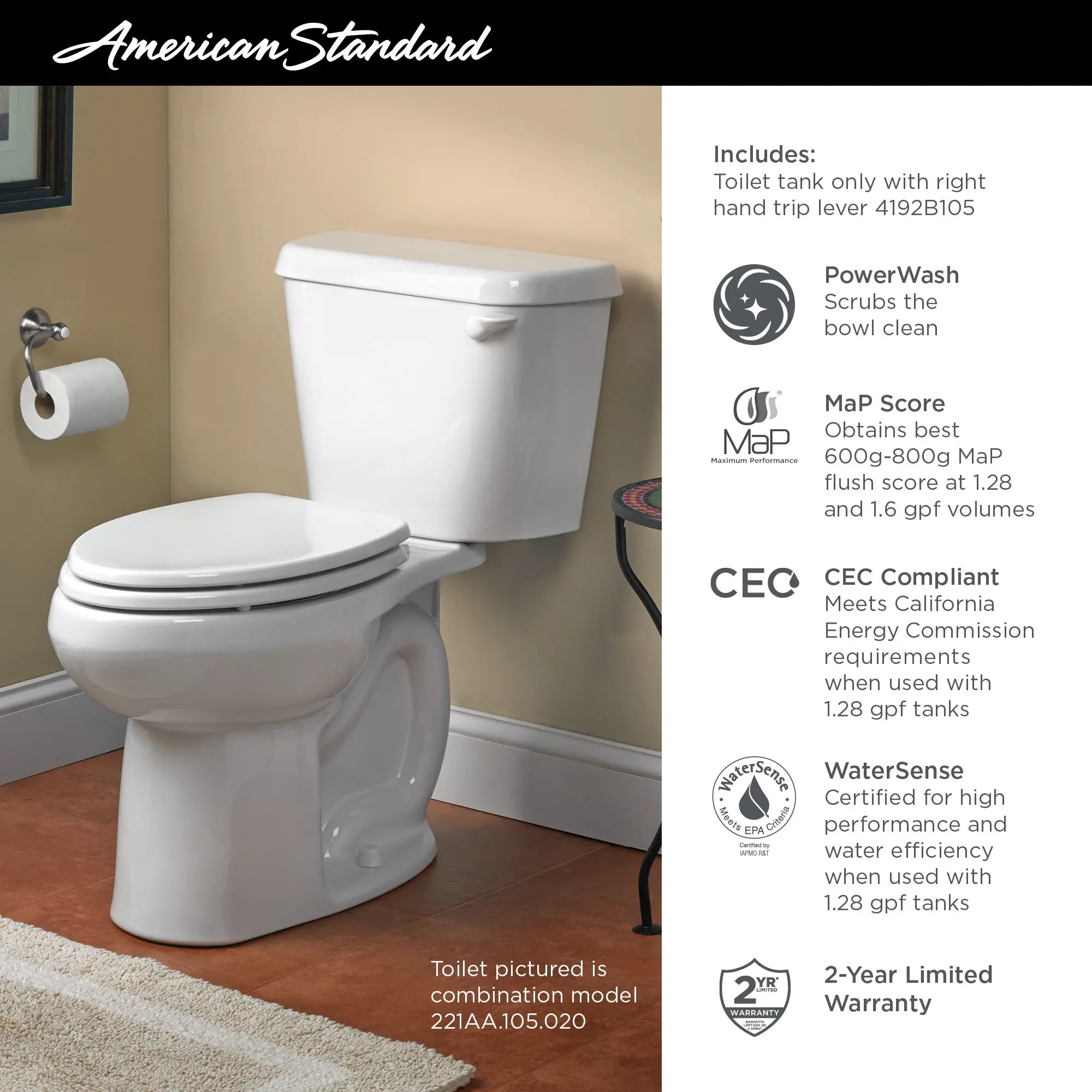 Colony® 1.28 GPF/4.8 LPF 10-Inch Right-Hand Trip Lever Toilet Tank - Water-Saving Flush for Bathroom & Commercial Use