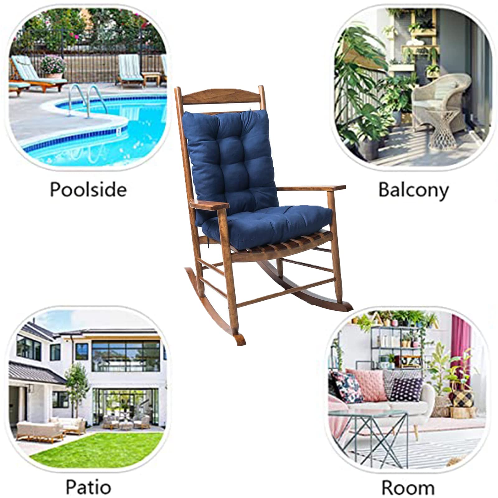 Premium Non-Slip Rocking Chair Cushion Set - Thick Overstuffed Indoor/Outdoor Patio Chair Pads - Comfortable Gray Cushions for Porch, Garden & Nursery Relaxation