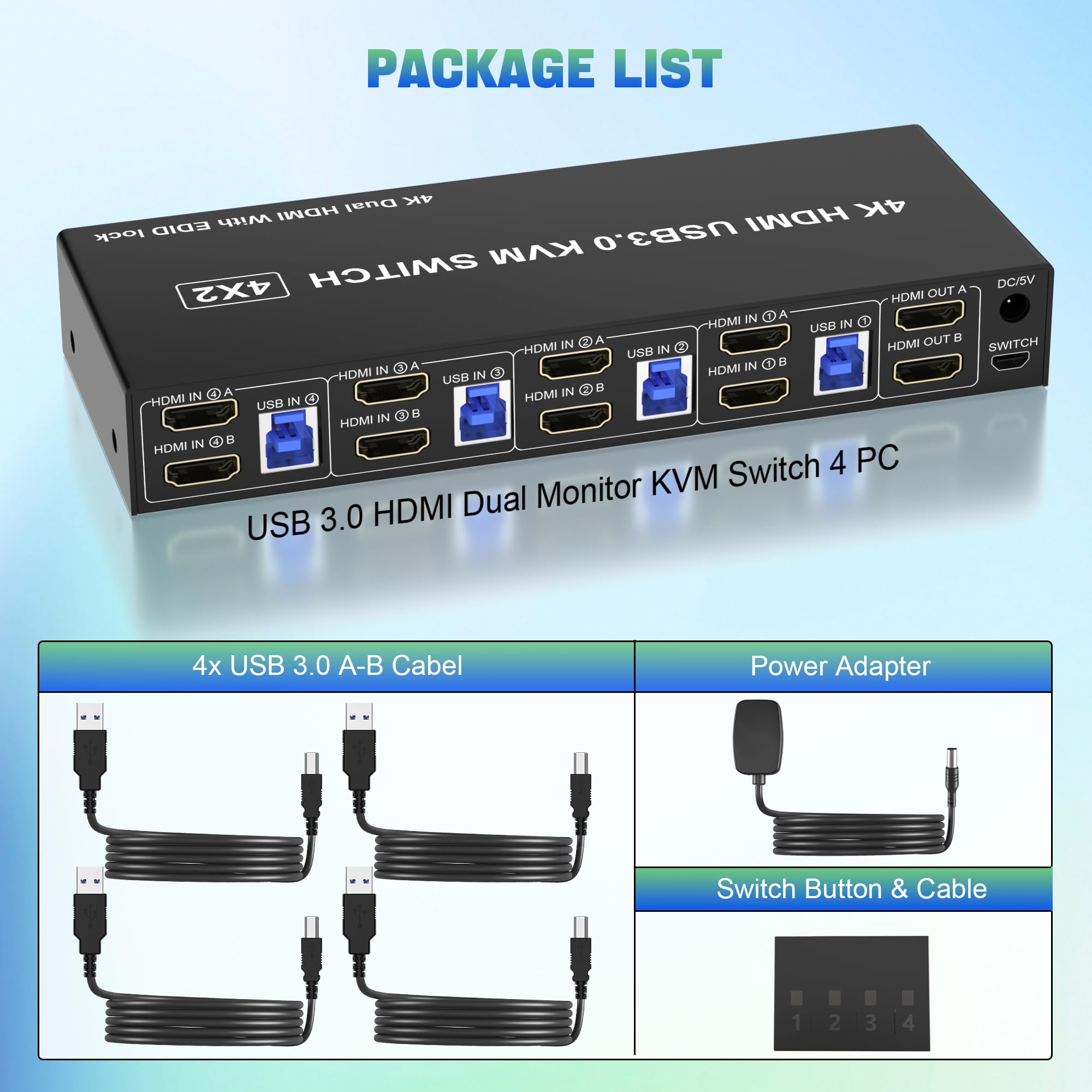 4K@60Hz HDMI KVM Switch for 4 Computers to 2 Monitors - Dual Monitor Support, EDID Emulation, Audio/Mic & 3 USB 3.0 Ports for Keyboard/Mouse - Perfect for Home Office, Gaming Setup & Multi-PC Workstations