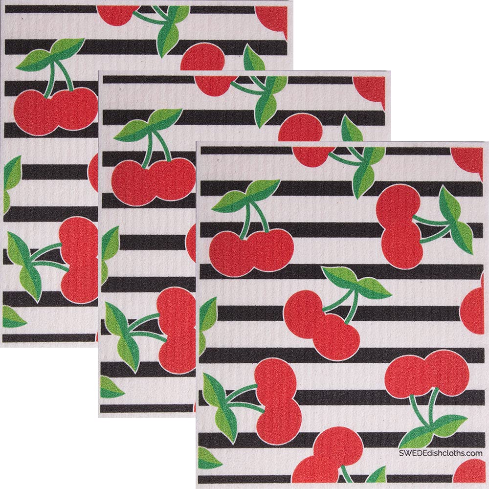 Eco-Friendly Cellulose Sponge Dish Towels - Set of 3 Reusable & Absorbent Cherry Print Swedish Dishcloths for Kitchen Cleaning, Washing Dishes & Countertops