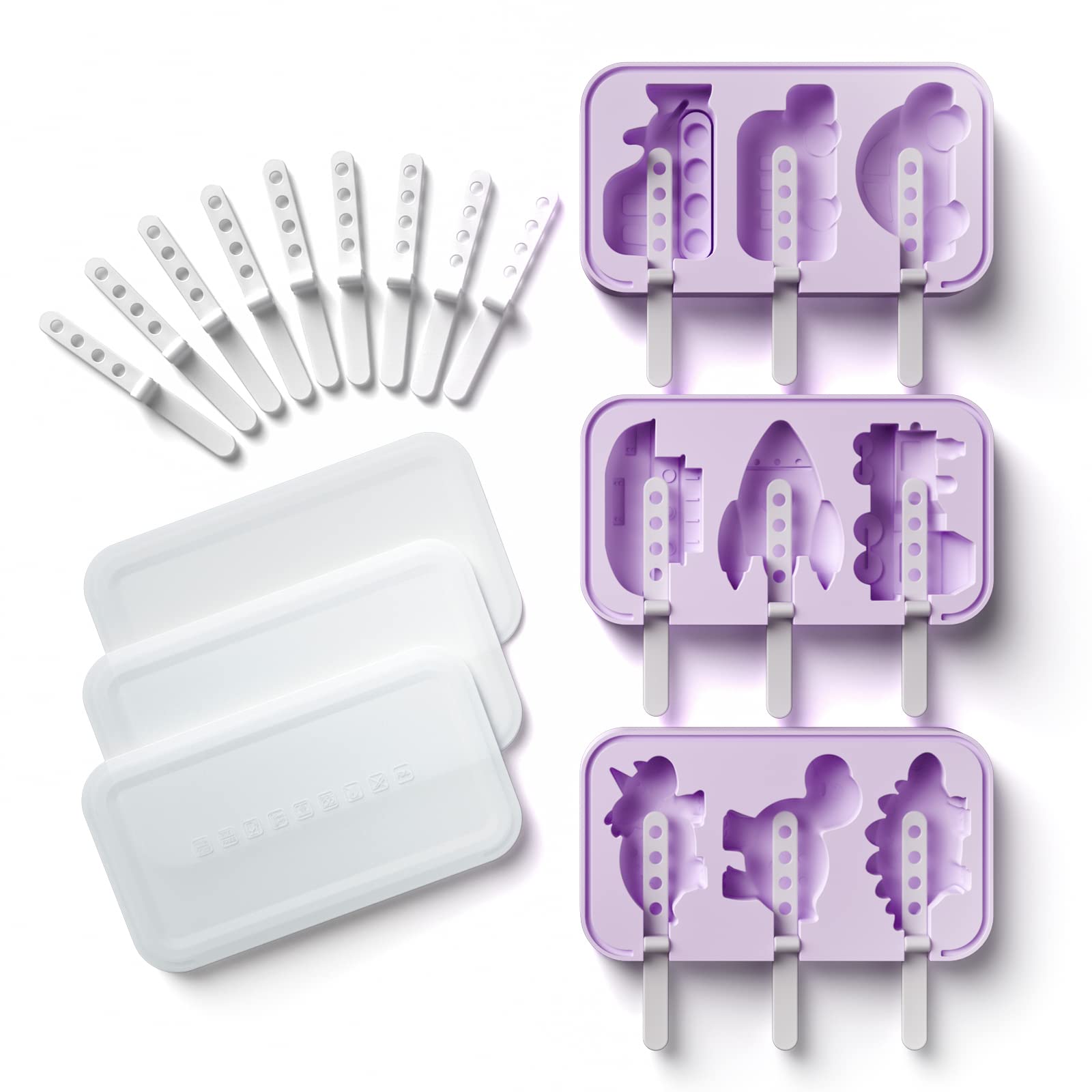 Premium Silicone Popsicle Molds Set of 3 - Dinosaur, Rocket & Car Shapes with Reusable Plastic Sticks | BPA-Free Food Grade Ice Cream Molds for Kids & Adults | Perfect for Summer Treats, Birthday Parties & Healthy Snacks (Purple)