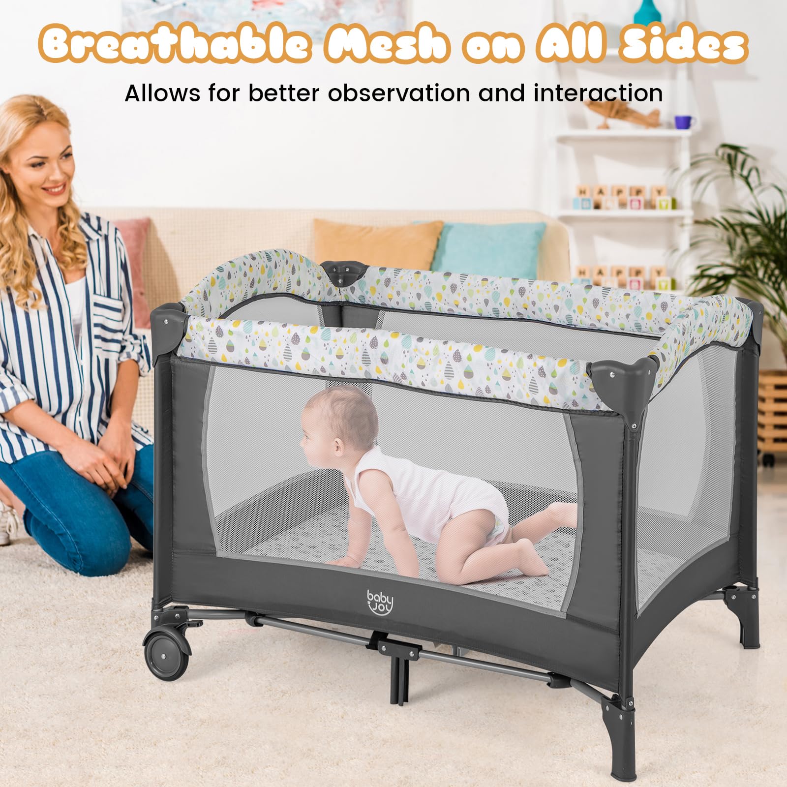 BABY JOY 3-in-1 Portable Playard with Bassinet & Changing Table - Foldable Travel Crib with Lockable Wheels & Soothing Music Box - Ideal for Newborn to Toddler - Perfect for Nursery, Travel & Daycare Use