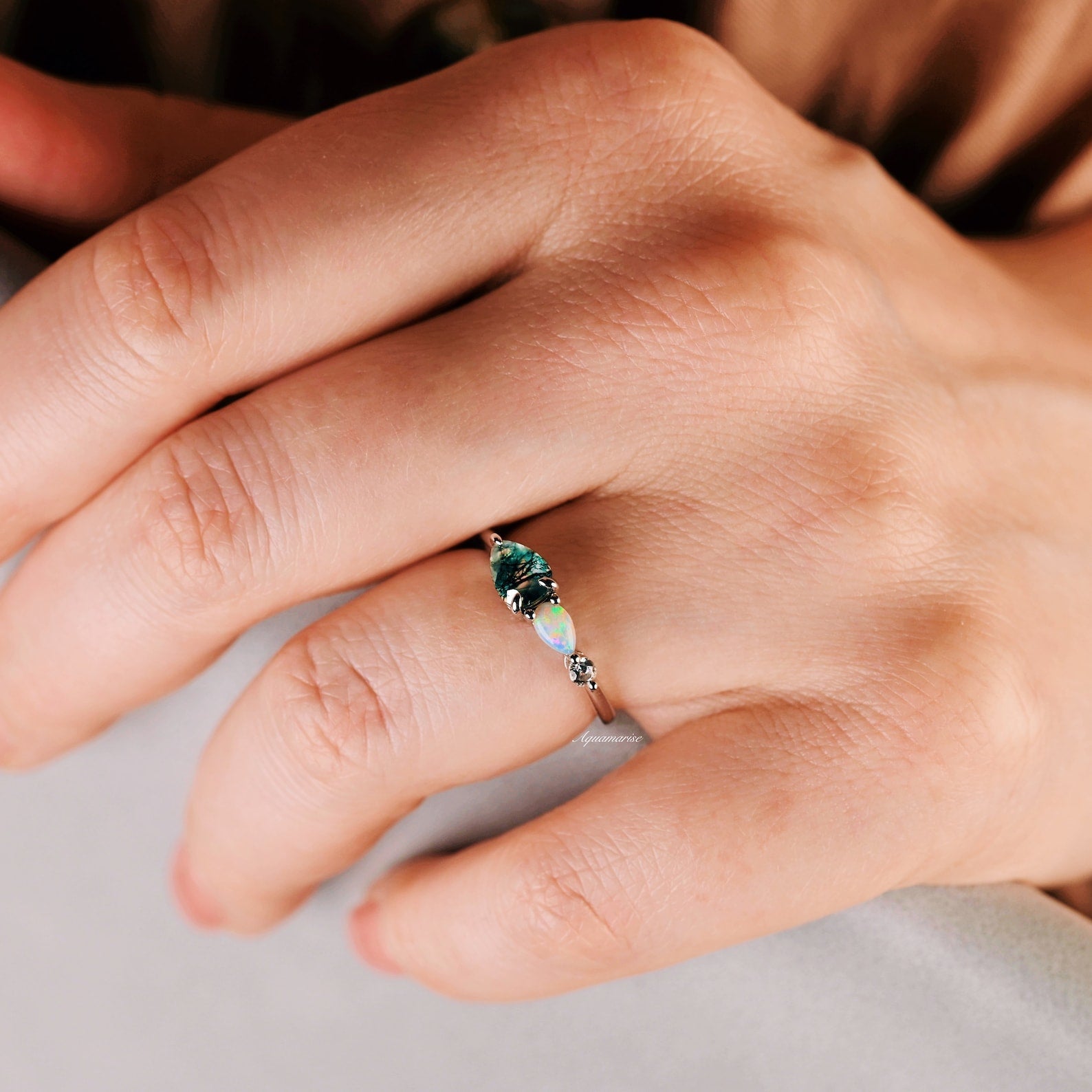 Natural Green Moss Agate & Fire Opal Ring - 14K Rose Gold Vermeil Jewelry for Women | Elegant Statement Ring for Wedding, Party & Everyday Wear