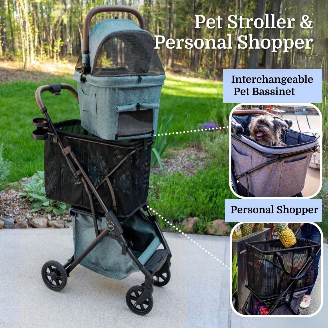 Premium Pet Stroller & Folding Shopping Cart - Lightweight Aluminum Frame with Removable Bassinet & Storage - Ideal for Small to Medium Dogs & Cats (Sage) | Perfect for Park Walks, Shopping Trips & Vet Visits
