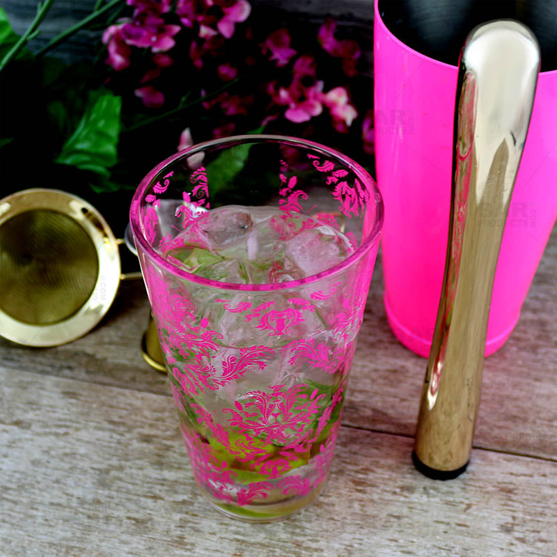 BarConic® 16oz Pink Cocktail Mixing Glass - Elegant Damask Pattern Barware for Home Bartending & Cocktail Parties | Perfect for Mojitos, Margaritas & Craft Cocktails