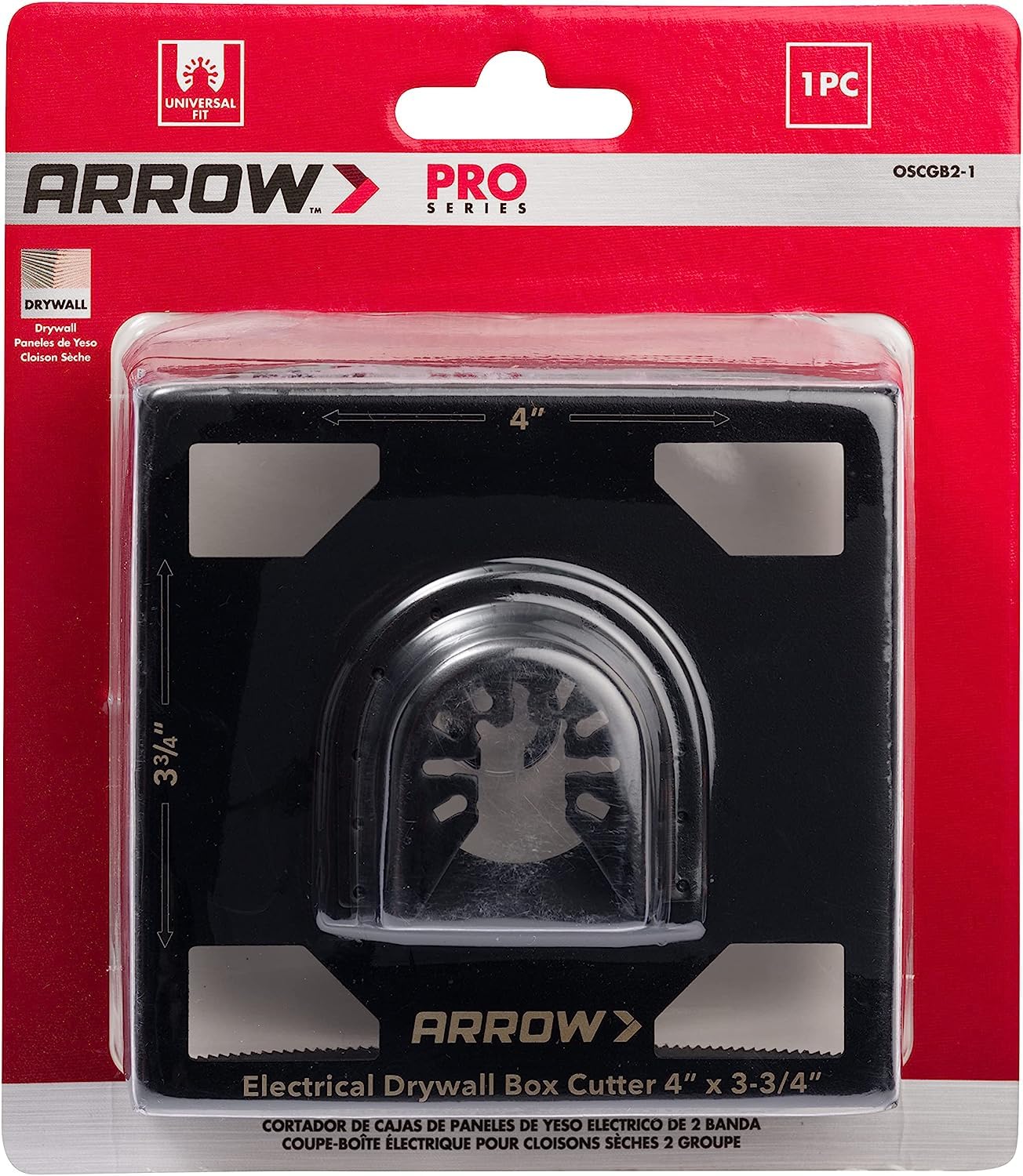Arrow OSCGB2-1 2 Gang Electrical Box Drywall Cutting Blade for Oscillating Tools - Universal Fit for Most Multitools, Includes Adapter, Cuts 4” x 3-3/4” Holes - Perfect for Electrical Installations & Drywall Repairs