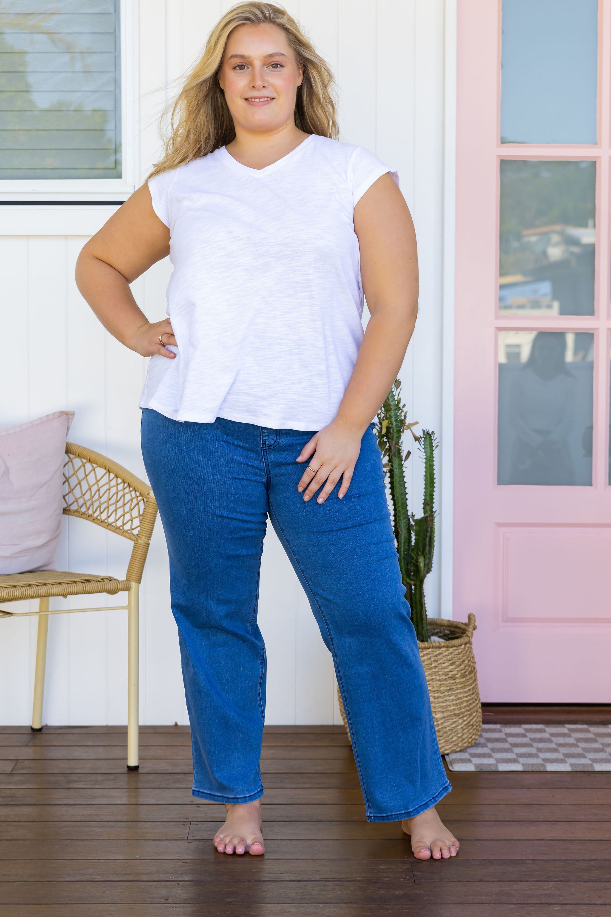 Lara Pull-On Jeans for Women - Mid Blue Denim Stretch Pants - Comfortable & Stylish for Casual Wear, Office, and Travel