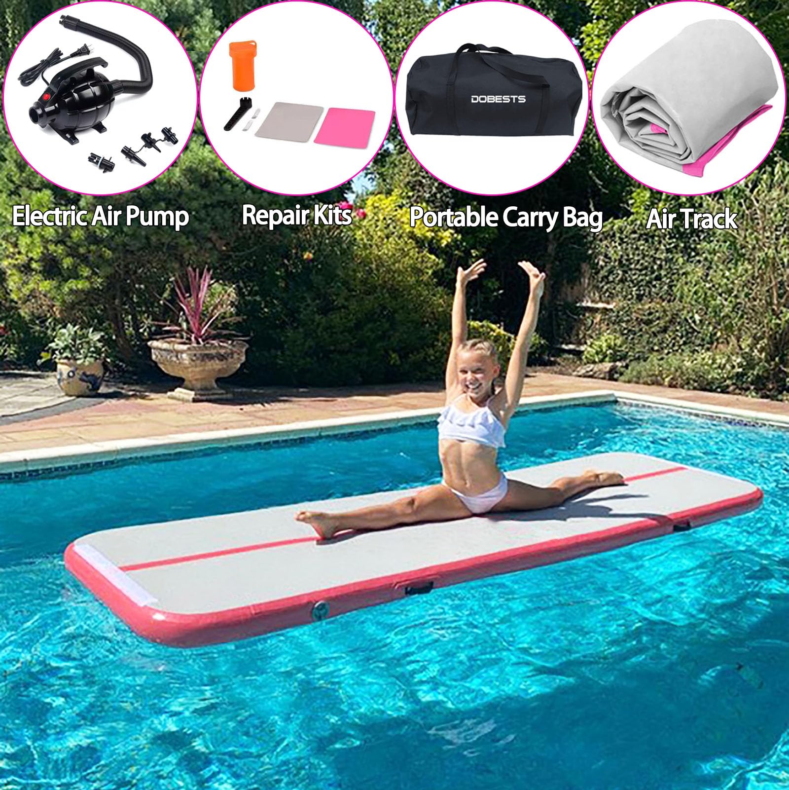 DOBESTS Inflatable Gymnastics Mat - 6.6ft to 20ft Air Track Tumbling Mat with Electric Pump, 4/8 Inch Thick for Home Gym, Cheerleading & Backyard Training - Perfect for Kids, Adults & Gymnasts