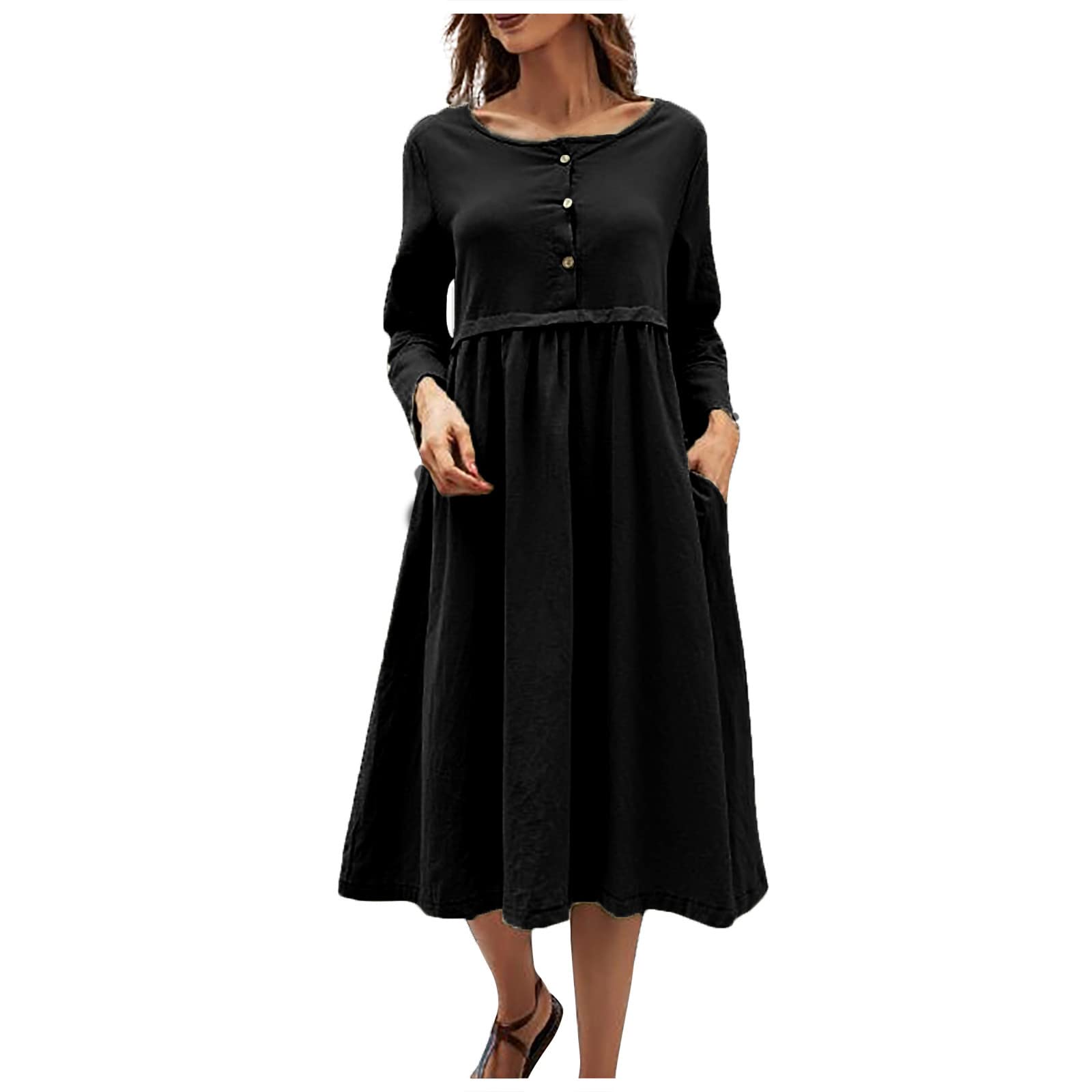 Elegant Women's Wedding Guest Dress - Round Neck Loose Fit Button Pocket Cotton Linen Midi Dress with Medium Sleeves in Solid Colors | Perfect for Summer Weddings, Garden Parties & Formal Occasions
