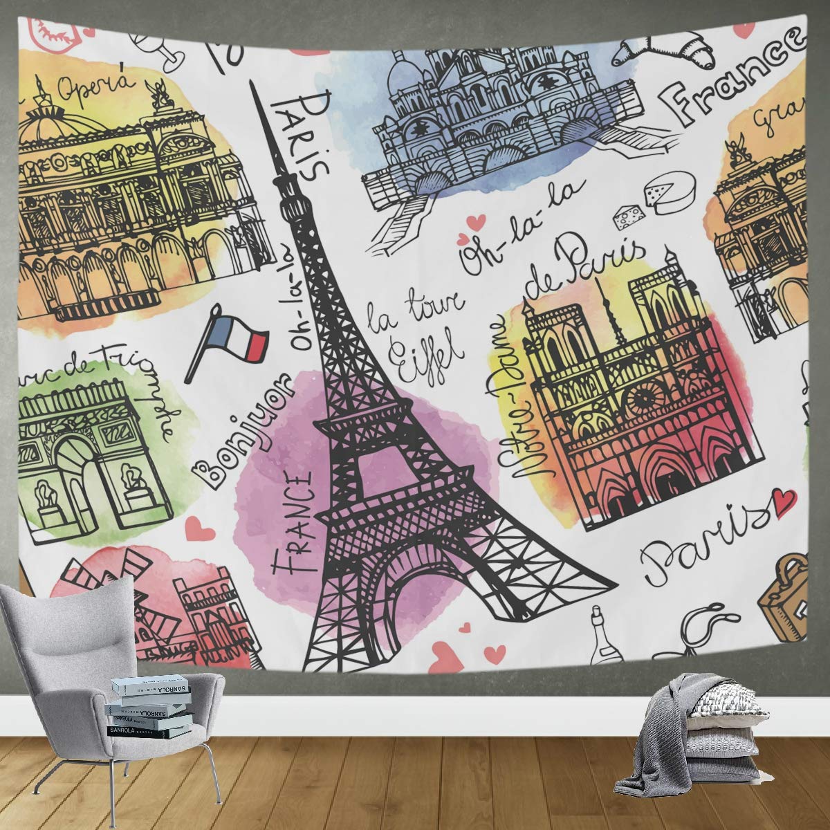 DOMIKING Eiffel Tower Tapestry Wall Hanging - 80x60 Inch Bohemian Bedroom Decor for Dorm, Living Room & Home | Trippy Hippie Aesthetic, Lightweight Fabric for Wall Art, Photo Backdrop & Room Dividers