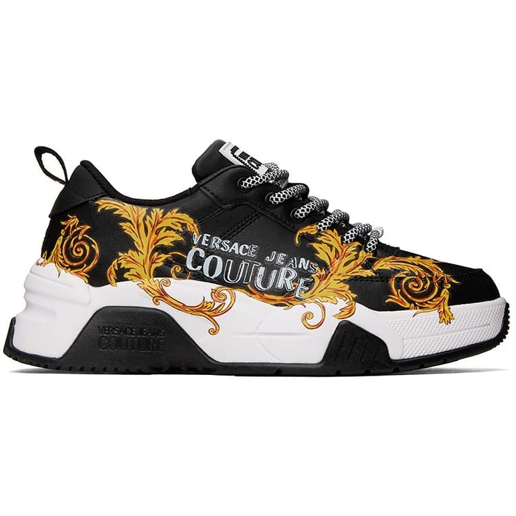 VERSACE JEANS COUTURE Men's Black Leather Sneakers with Baroque Print - Logo Front & Sides - Lace-Up Closure | Stylish Casual & Streetwear Fashion for Everyday Wear
