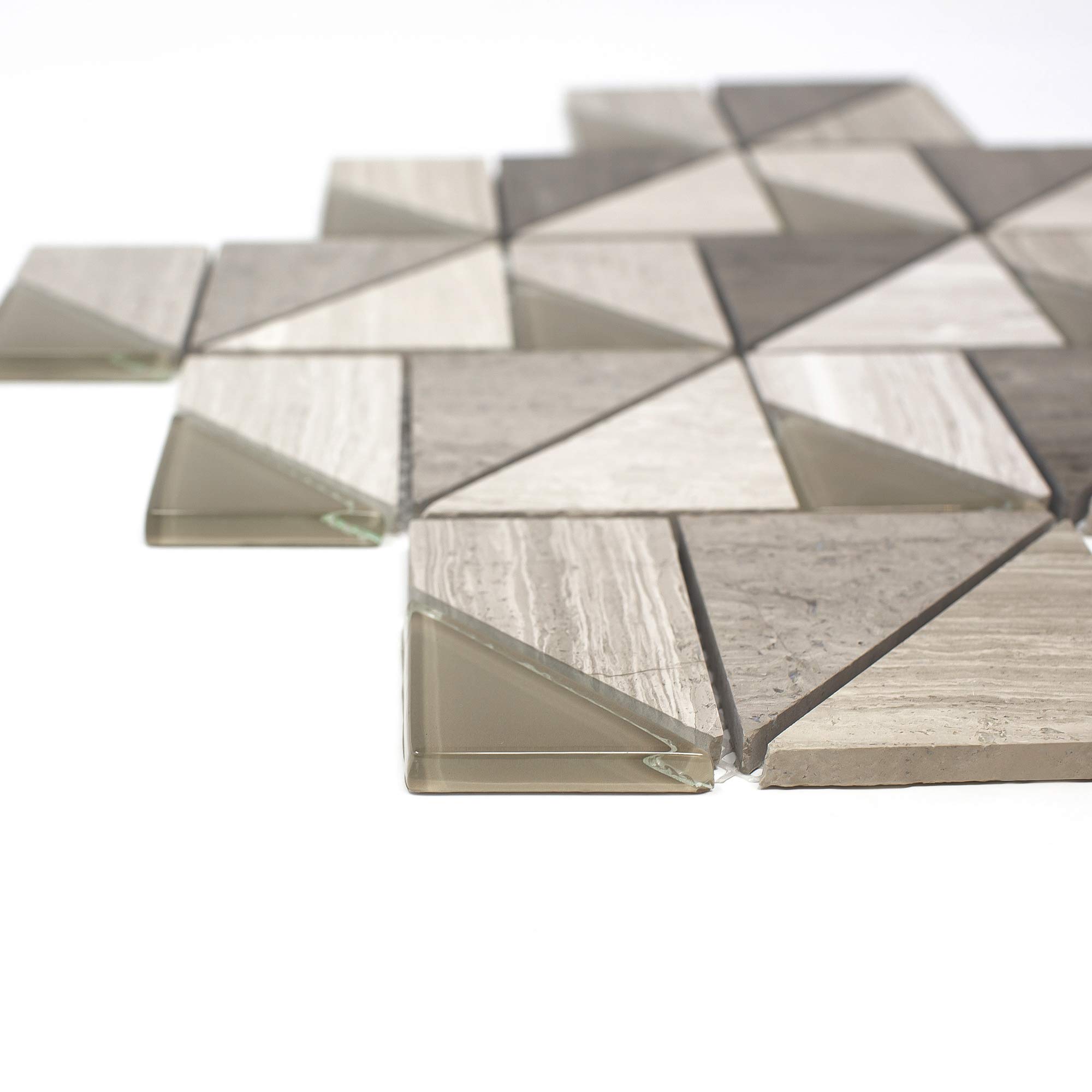 TMOPG-02 Natural Wooden Beige Stone Mosaic Tile Backsplash - 10 Sheets of Triangle Square Pattern Peel and Stick Tiles for Kitchen, Bathroom & Shower Wall Decor