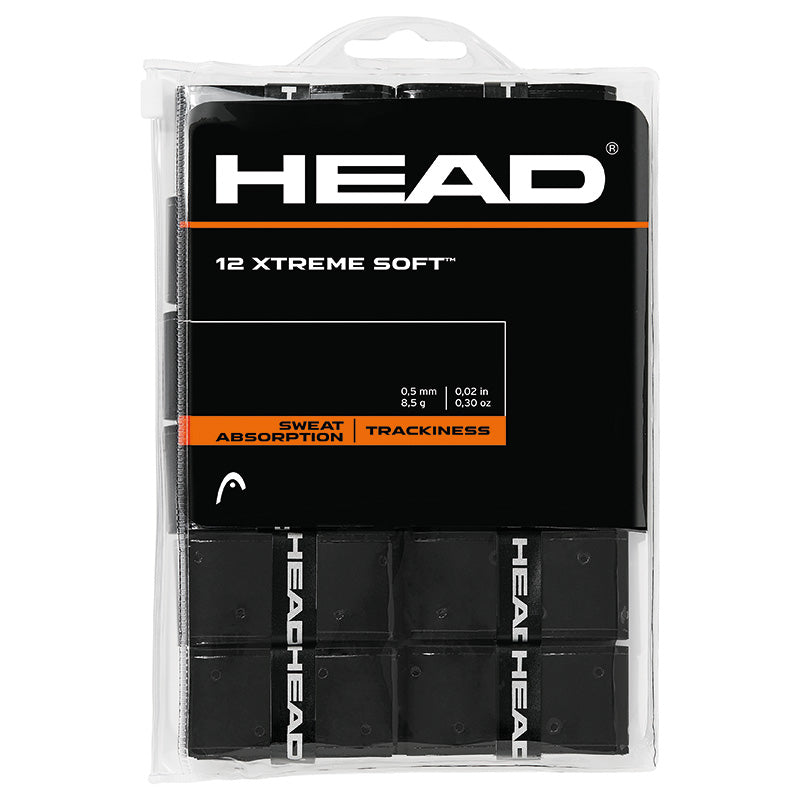 Head Xtreme Soft Overgrip Tennis Racket Grip Tape - 12 Pack (Black) | Sweat Absorbent, Non-Slip, Cushioned Handle Wrap for Tennis, Badminton, Squash & Racquetball Players