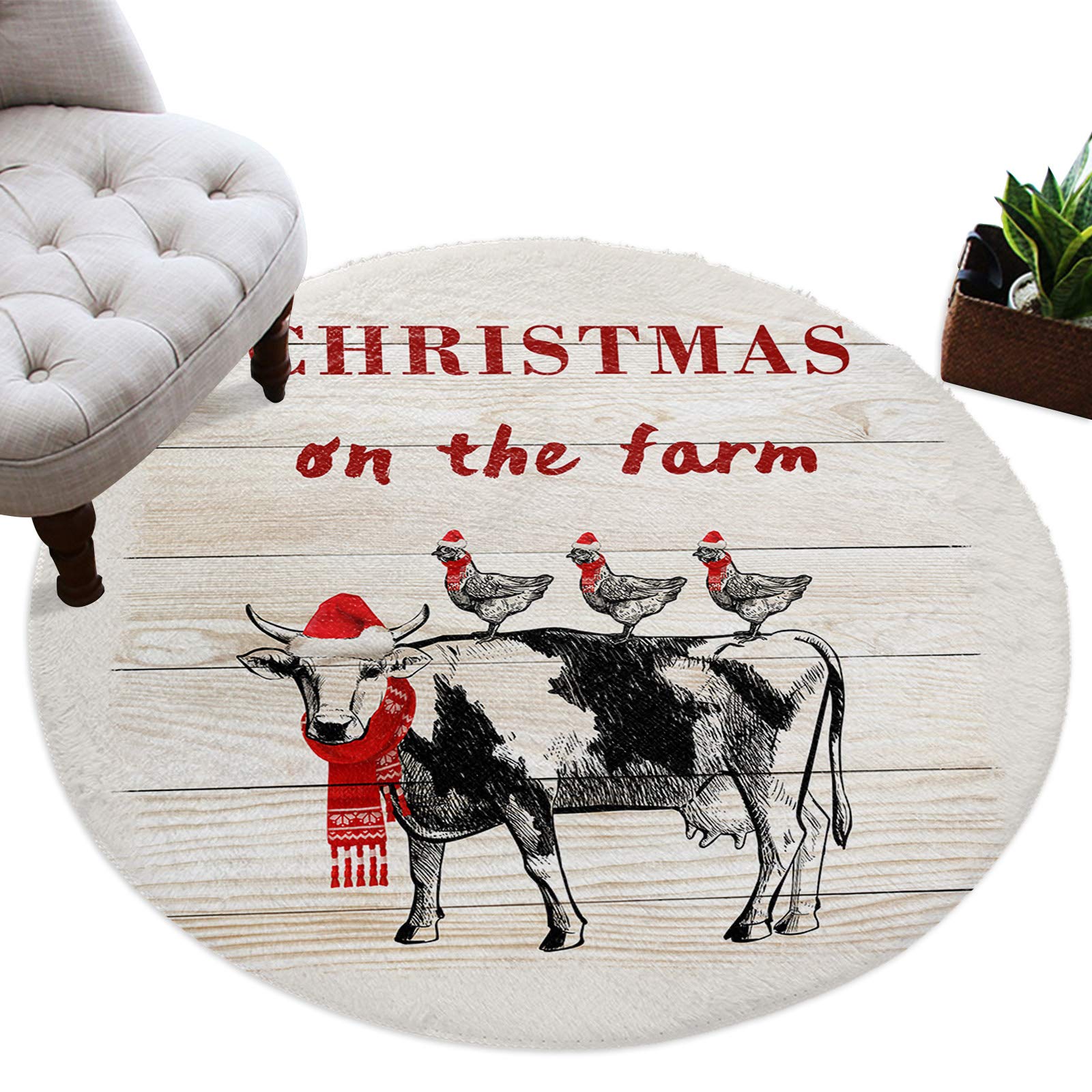 Vintage Wood Grain Shag Area Rug - Soft Plush Round Floor Carpet for Nursery, Kids Room, Living Room & Bedroom | Christmas at the Farm Pig Design | 3ft Diameter Modern Home Decor - Perfect for Cozy Spaces, Playrooms & Holiday Decorations