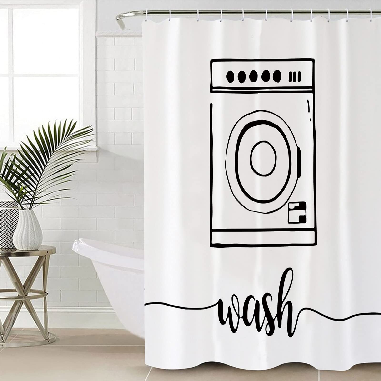 IDOWMAT Waterproof Shower Curtain Set - Soft Polyester Bathroom Curtain with Hooks, 36x72 Inches, Laundry Room Theme Wash White - Perfect for Bathroom Showers, Bathtub Decor & Spa-Like Experience