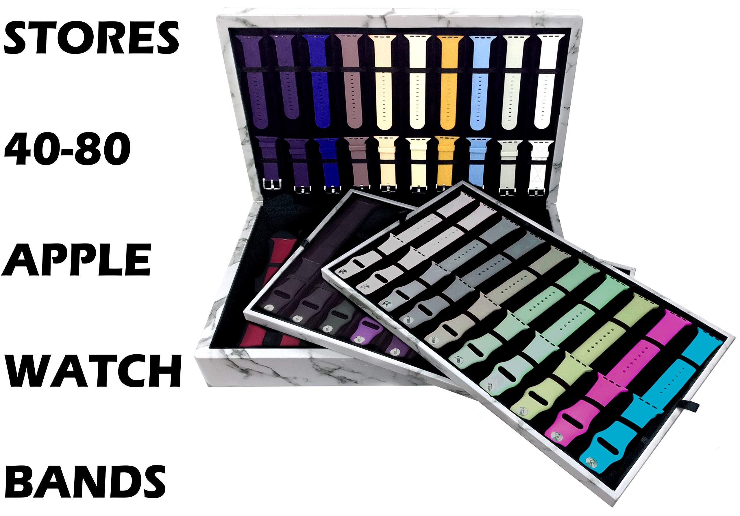 Premium Apple Watch Band Organizer - Multi-Tray Luxury Storage Case for 40-80 Bands (Velvet & Leatherette, White Marble Design) | Perfect for Travel, Home Display & Watch Collection Organization