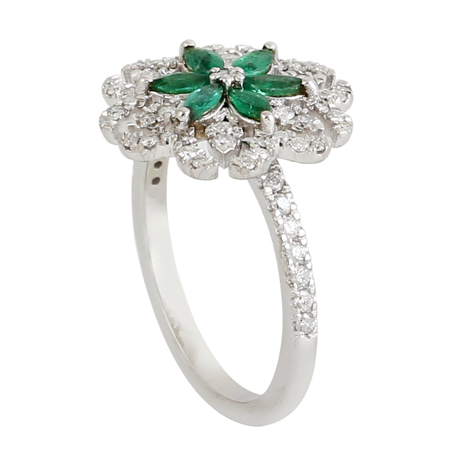 18K White Gold Marquise Cut Emerald Pave Diamond Daisy Ring for Women - Perfect for Engagement, Anniversary & Special Occasion Gifts