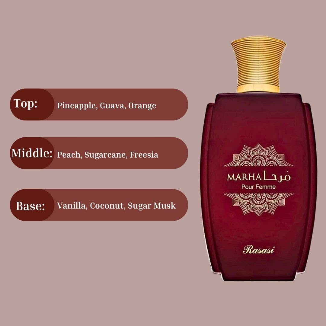RASASI Marha Eau De Parfum for Women - 100ml (3.38 oz) Long Lasting Arabian Perfume with Refreshing Fruity Citrus Scent | Luxury Feminine Fragrance for Daily Wear, Office & Special Occasions