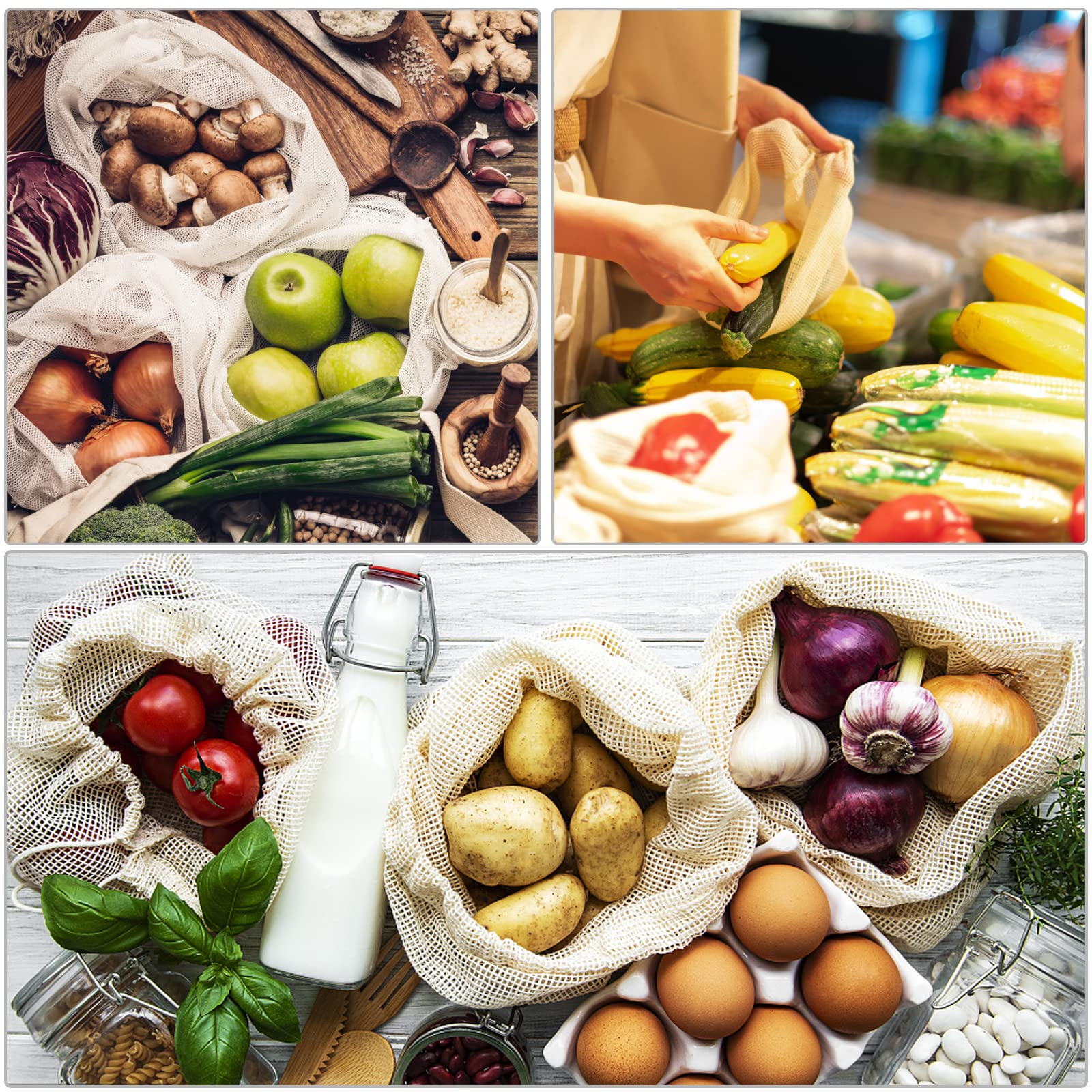 Reusable Washable Cotton Mesh Produce Bags for Fruits & Vegetables - Eco-Friendly Grocery & Bulk Shopping Bags with Drawstring (6 Pack: 2 Small, 2 Medium, 2 Large) - Perfect for Farmers Market, Organic Shopping & Zero Waste Lifestyle