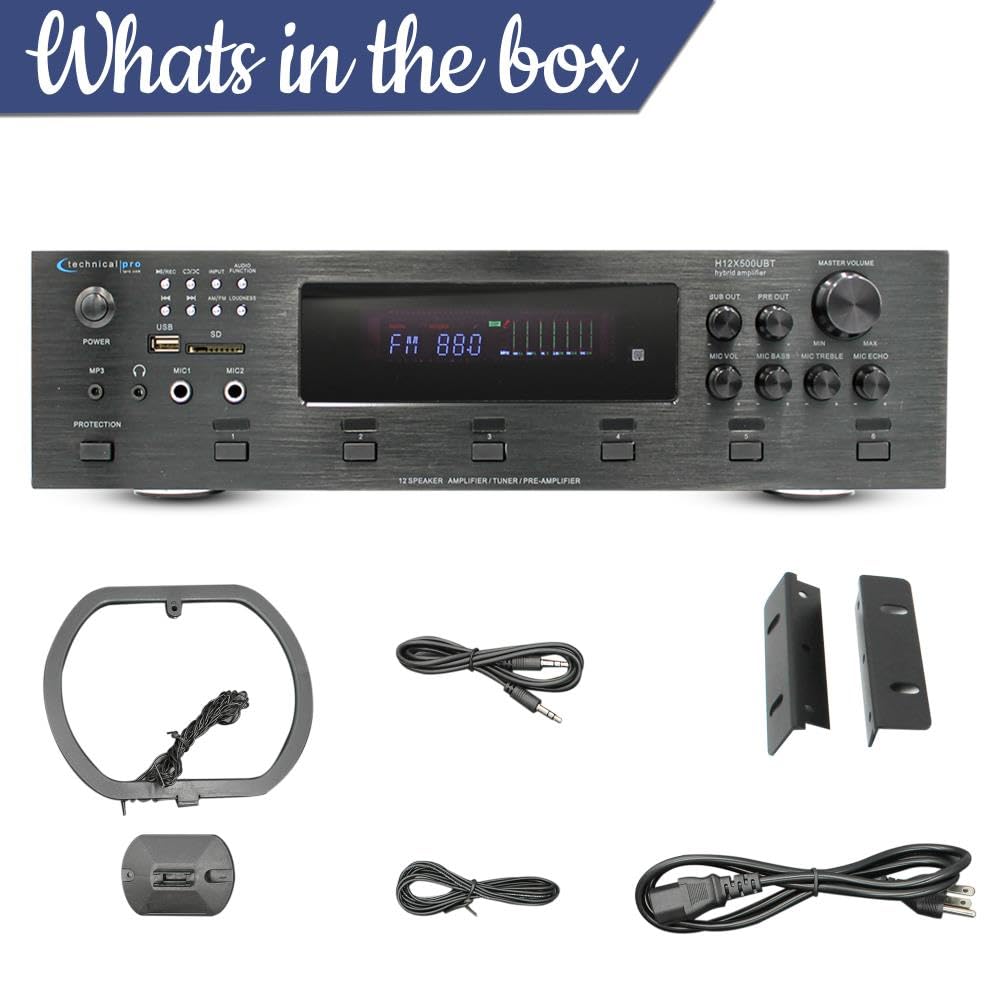 Technical Pro 6000W 6-Zone Bluetooth Hybrid Amplifier - Digital Preamp Tuner with USB/SD Card, 2 Mic Inputs, Bass/Treble Controls, Cooling Fan & LCD Display - Perfect for Home Theater, DJ Setup & Live Performances