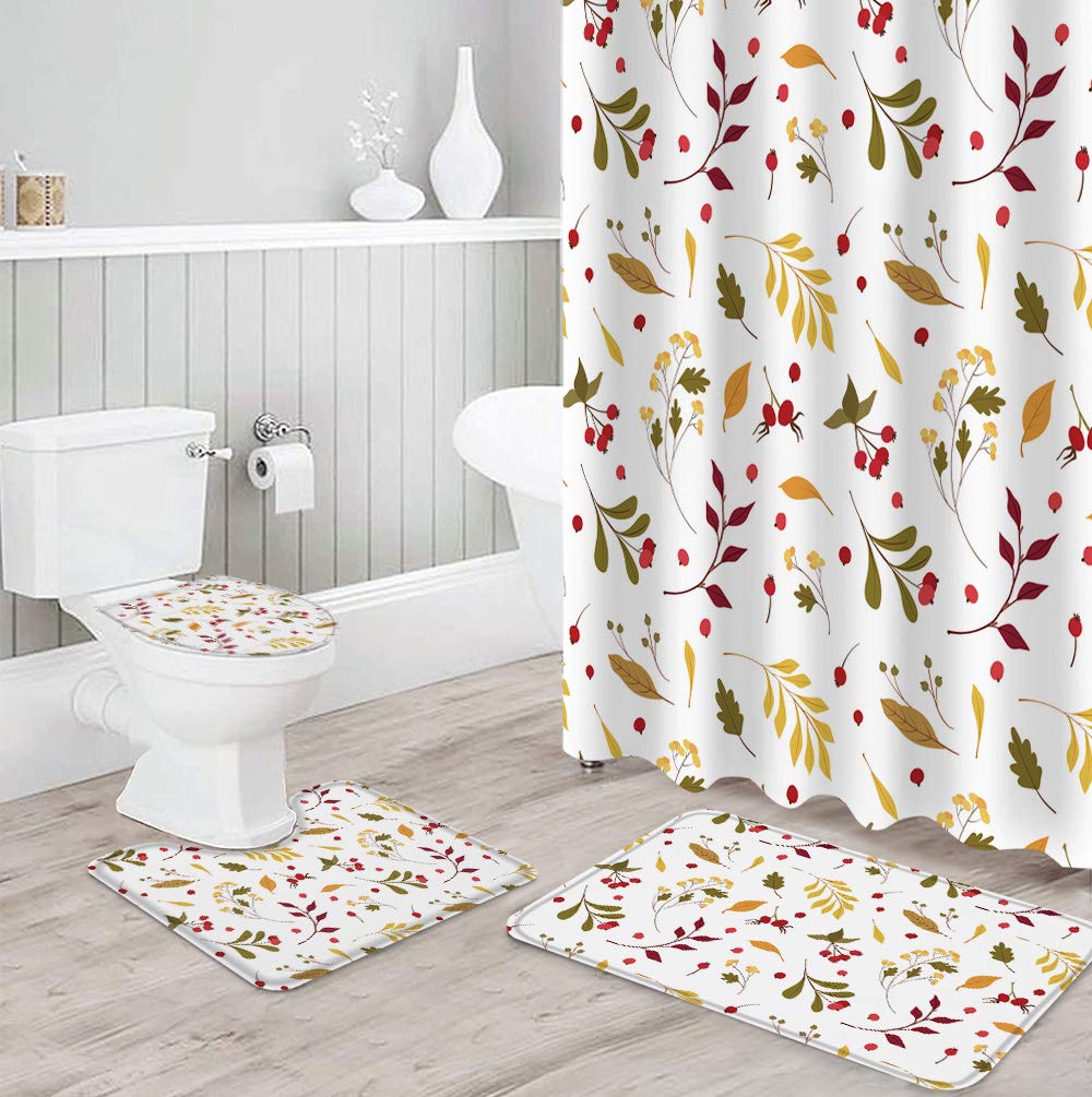 4PCS Non-Slip Bathroom Mat Set - Autumn Floral Yellow Leaves & Red Christmas Berries Design, Shower Curtain Rugs & Toilet Seat Cover for Cozy Home Decor | Perfect for Bathroom, Shower, and Holiday Season Decorating