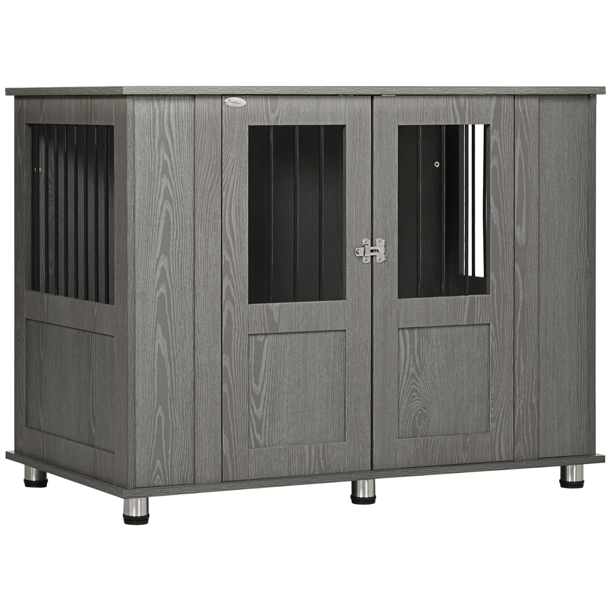 PawHut Extra Large Wooden Dog Crate Furniture - Lockable Magnetic Door Pet Kennel, Indoor Animal Cage with End Table Design, Gray | Perfect for Living Room, Bedroom & Home Decor