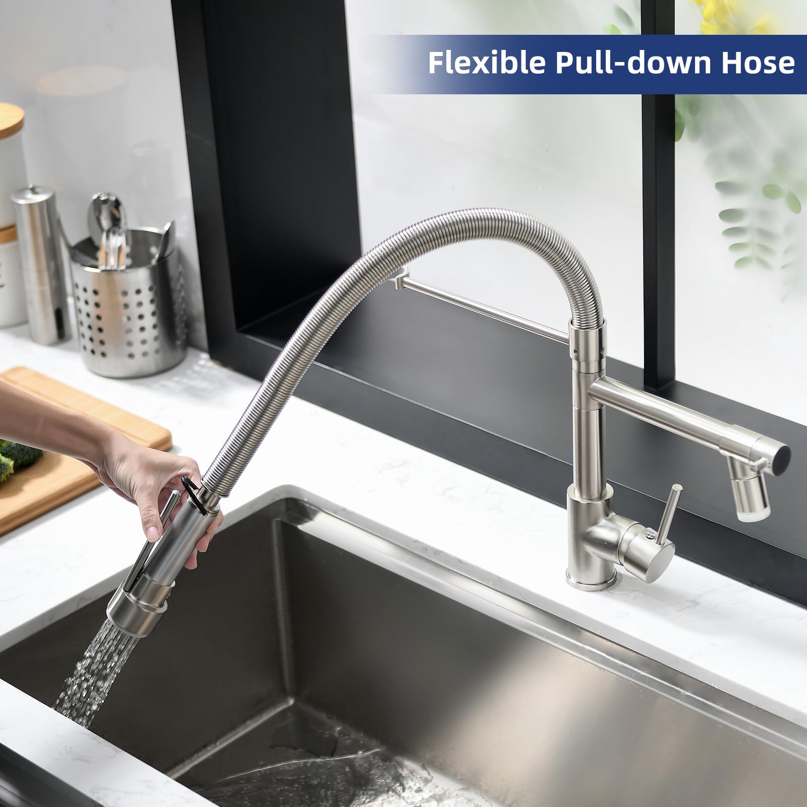 Fapully Commercial Single Handle Kitchen Faucet with Pull Down Sprayer & LED Light - Brushed Nickel Finish for Modern Kitchens and Restaurants