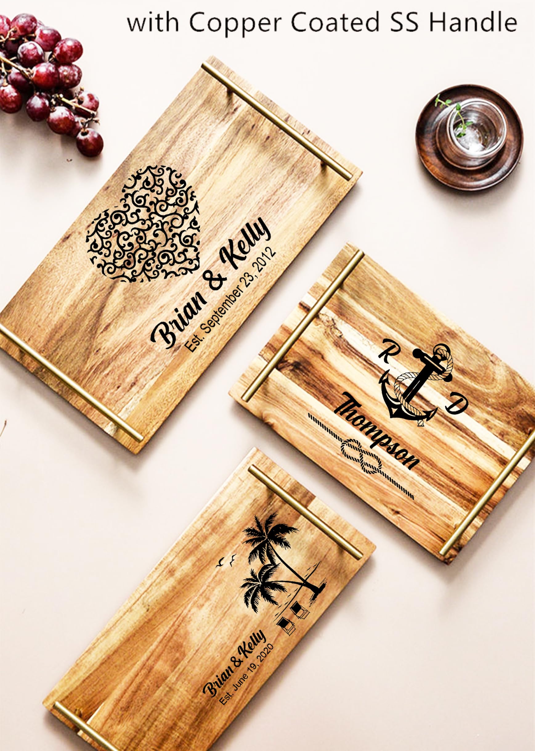 Personalized Acacia Wood Serving Tray with Handles - Engraved Wooden Tray for Coffee, Breakfast, or Cheese - Perfect Housewarming & Wedding Gift for Bridal Shower, Anniversary, or Hostess