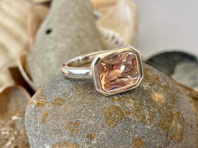 2.3ct Radiant Cut Peach Morganite Solitaire Ring - Bezel Set in White Gold Plated for Women | Elegant Engagement, Wedding, Anniversary & Gift Jewelry