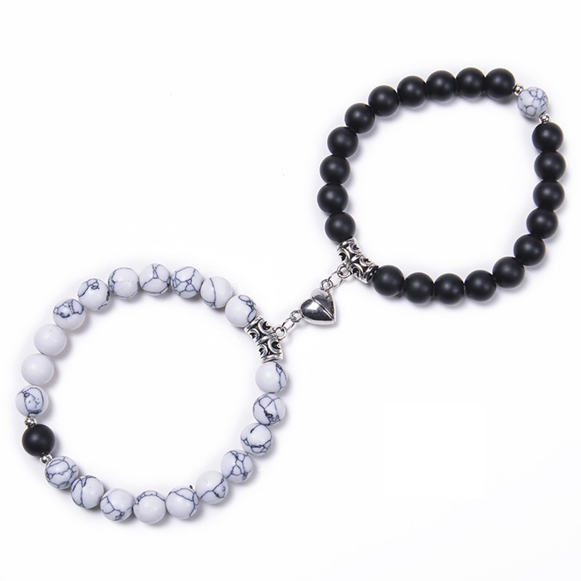 Stylish Couple Bracelets for Women & Men - Black & White Onyx Stone Stretchable Magnetic Heart Bracelet - Romantic Love Gifts for Couples, Friendship Promise Bracelet for Boys & Girls - Perfect for Anniversaries, Valentine's Day & Special Occasions