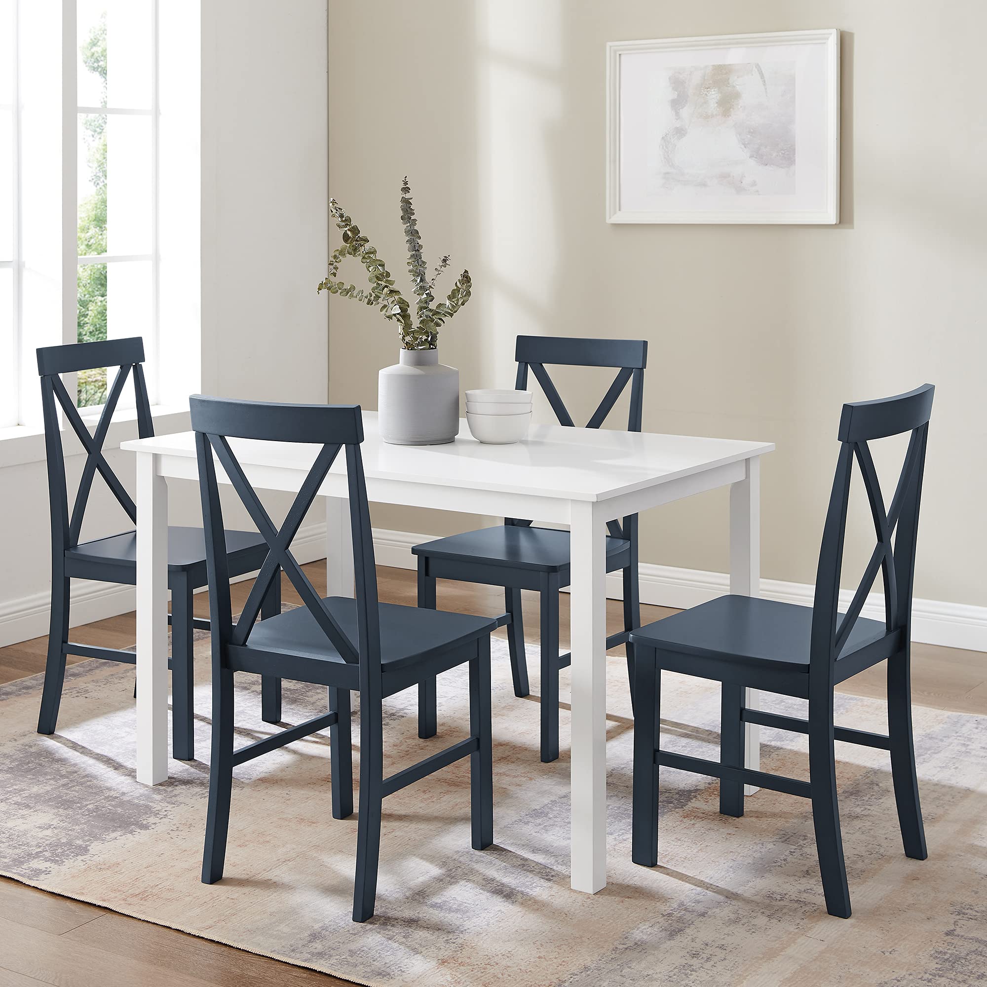 Walker Edison Bennett Farmhouse 5-Piece Dining Set with X-Back Chairs, Navy Blue - Perfect for Rustic Kitchens, Farmhouse Dining Rooms & Cozy Breakfast Nooks