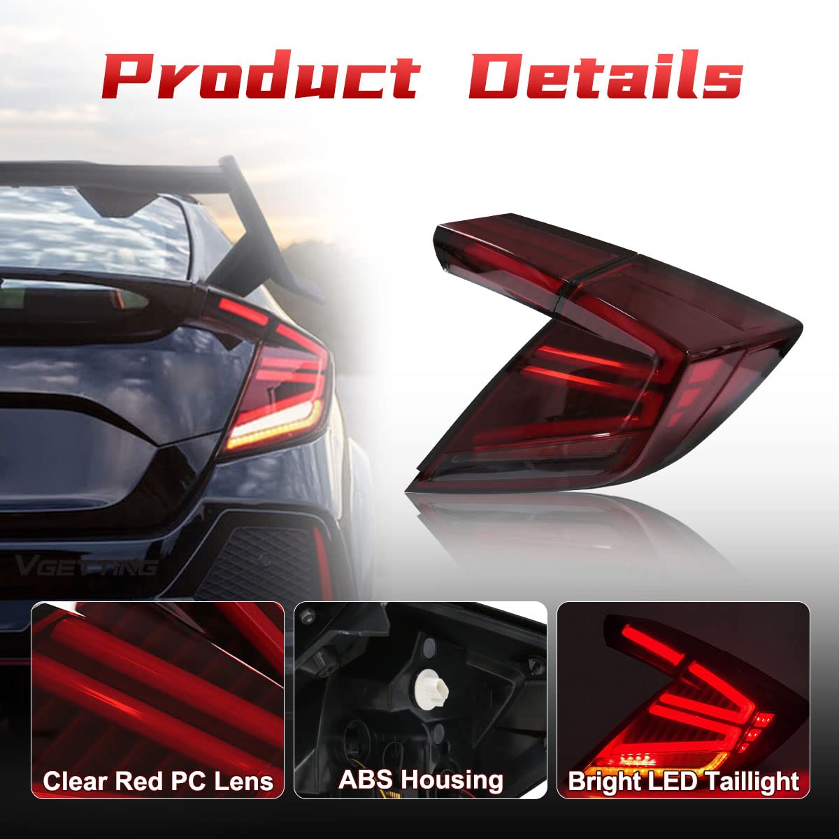 2016-2020 Honda Civic Type-R Hatchback LED Tail Lights - Red Lens Sequential Turn Signal DRL Reverse Brake Light Assembly | Upgrade for Night Driving & Car Shows