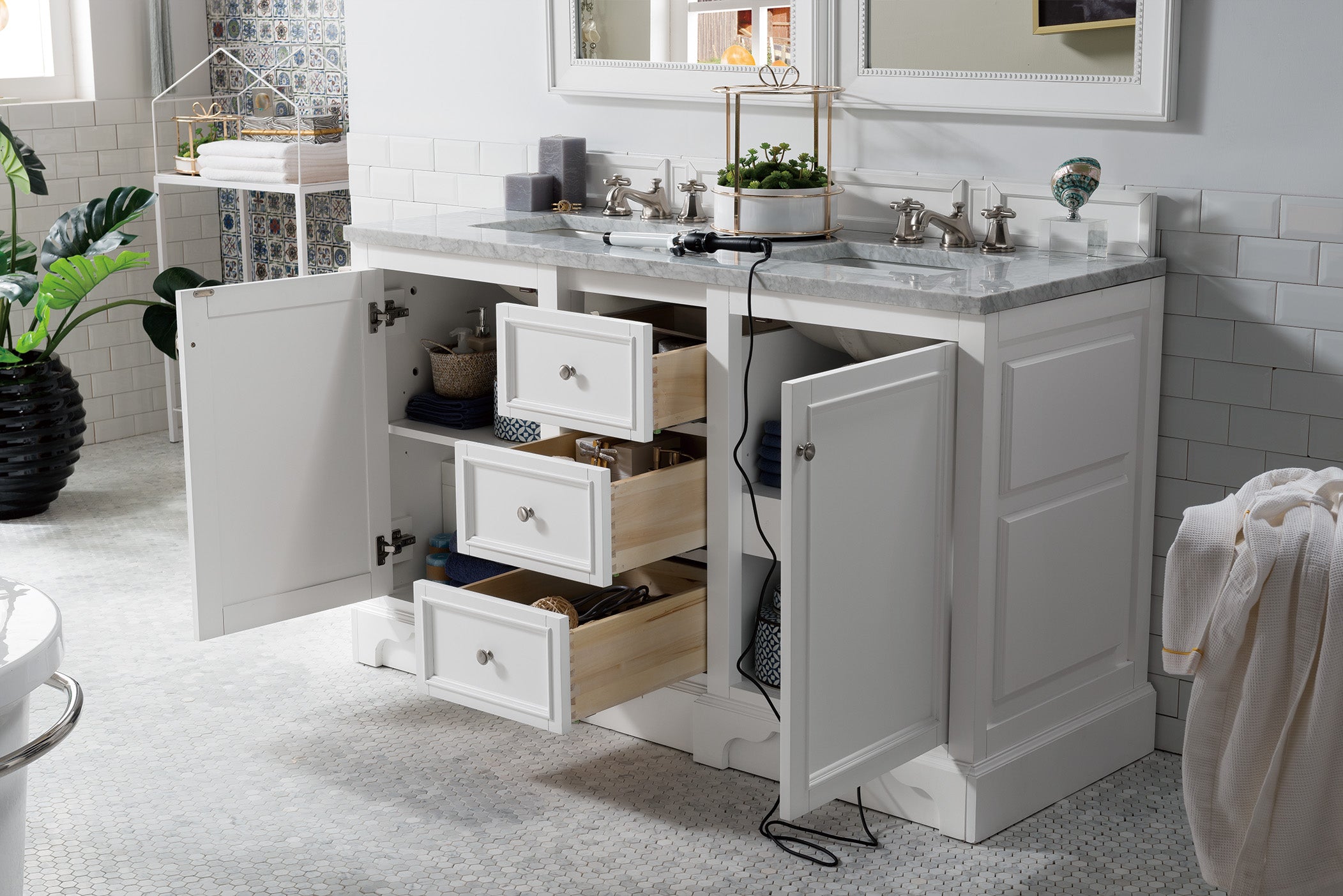 De Soto 60 Inch Double Vanity with Carrara Marble Top - Bright White Bathroom Vanity for Modern Homes | Perfect for Master Bathrooms & Guest Suites
