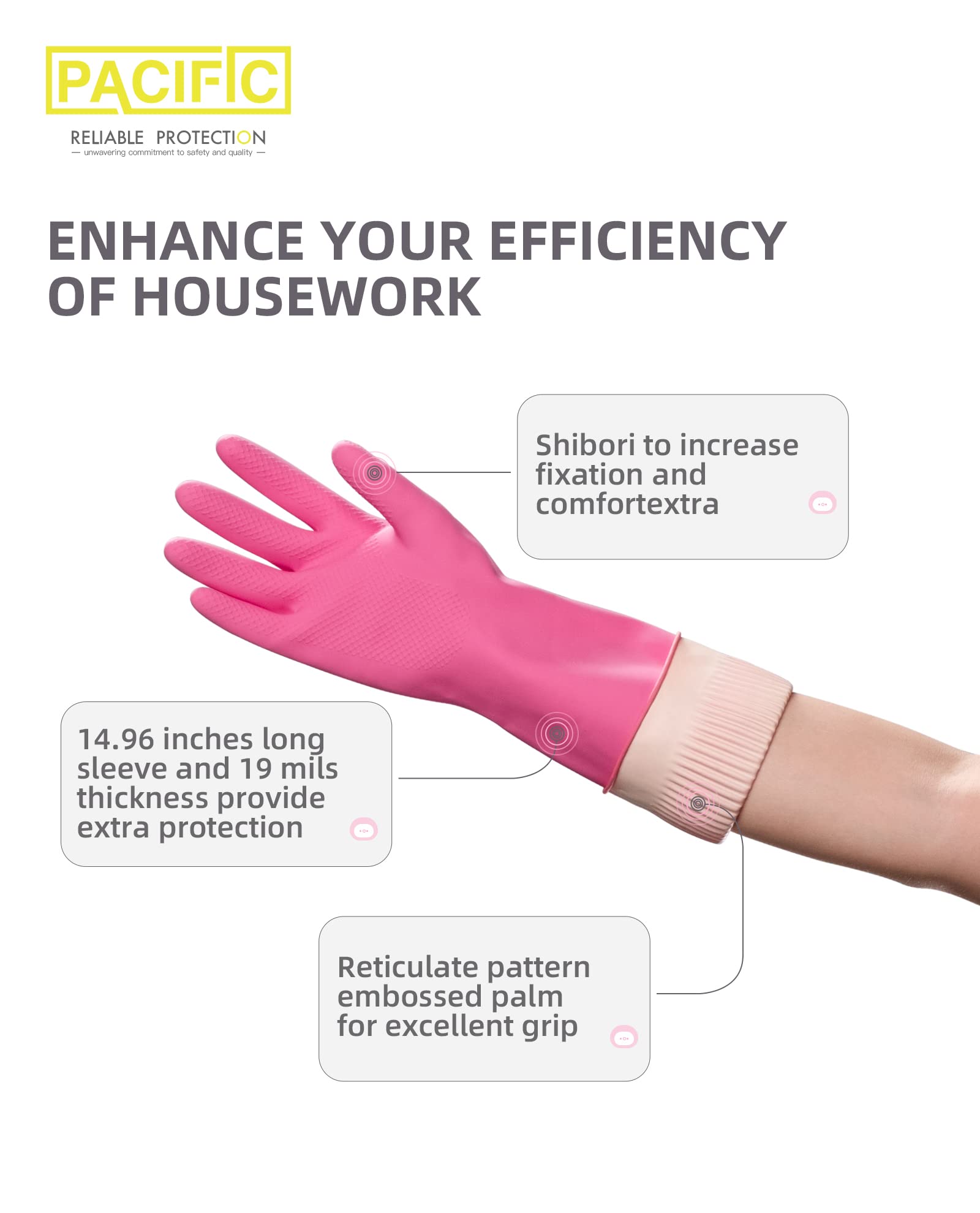 **PACIFIC 2 Pairs Reusable Rubber Gloves for Dishwashing & Cleaning - Waterproof Kitchen & Bathroom Gloves with Grip - Latex Dishwashing Gloves, Pink, Small - Perfect for Washing Dishes, Scrubbing, and Household Chores**