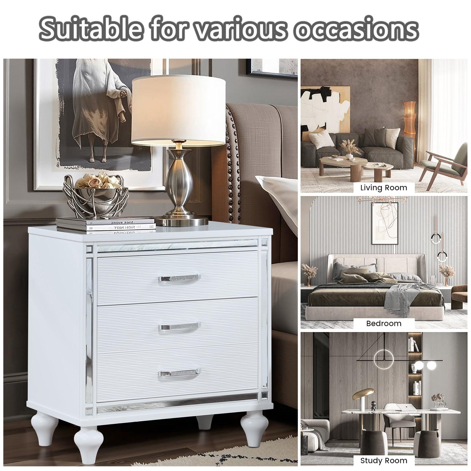 Modern White Nightstand with Mirror Frame & Crystal Pulls - 2 Drawers + Hidden Storage, Bedside Table for Bedroom, Living Room - Perfect for Small Spaces & Apartment Decor