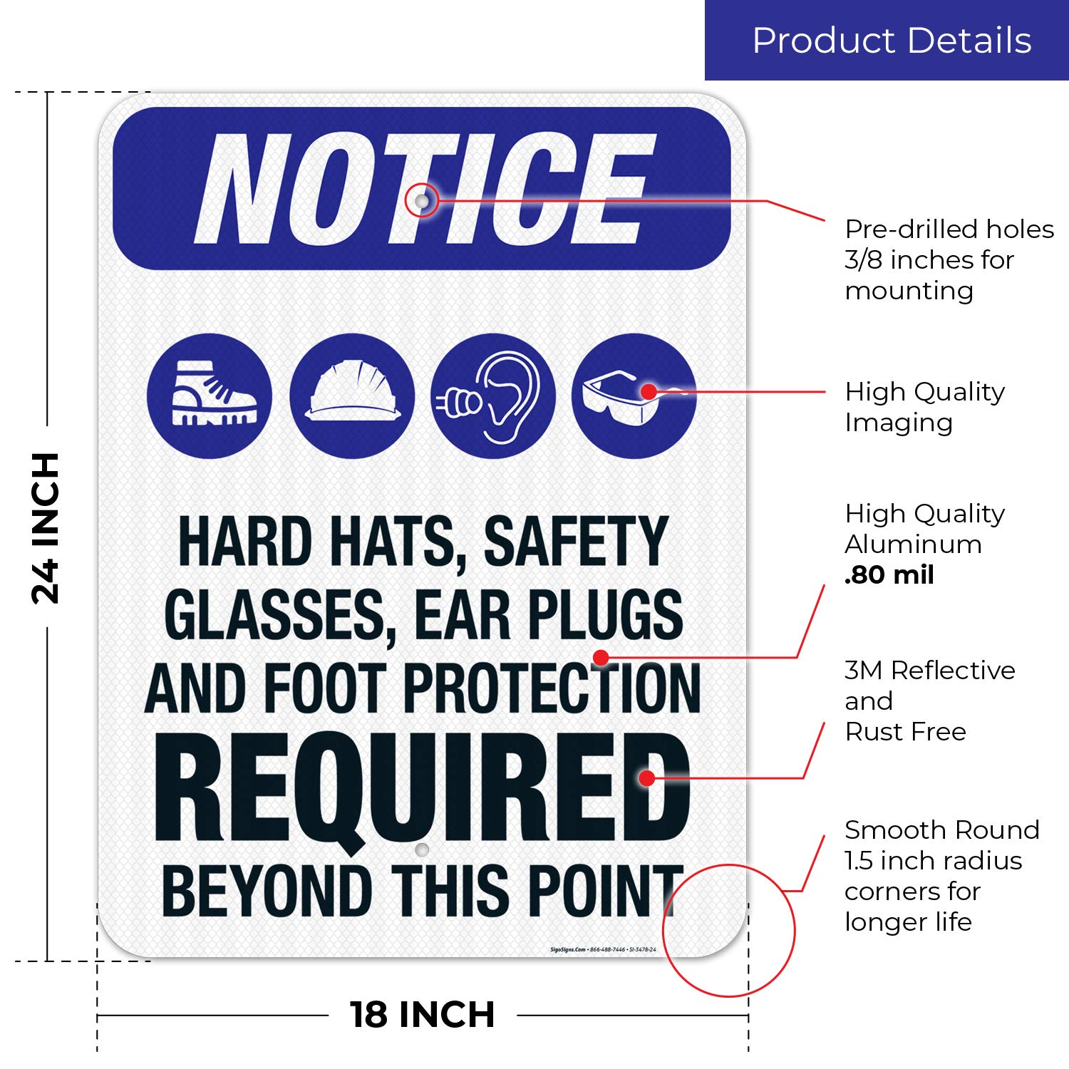 3M EGP Reflective OSHA Safety Sign - 18x24 Inches Aluminum, Fade Resistant for Indoor/Outdoor Use | Hear Hats, Safety Glasses, Ear Plugs & Foot Protection Required | Made in USA - Perfect for Construction Sites, Factories & Work Zones