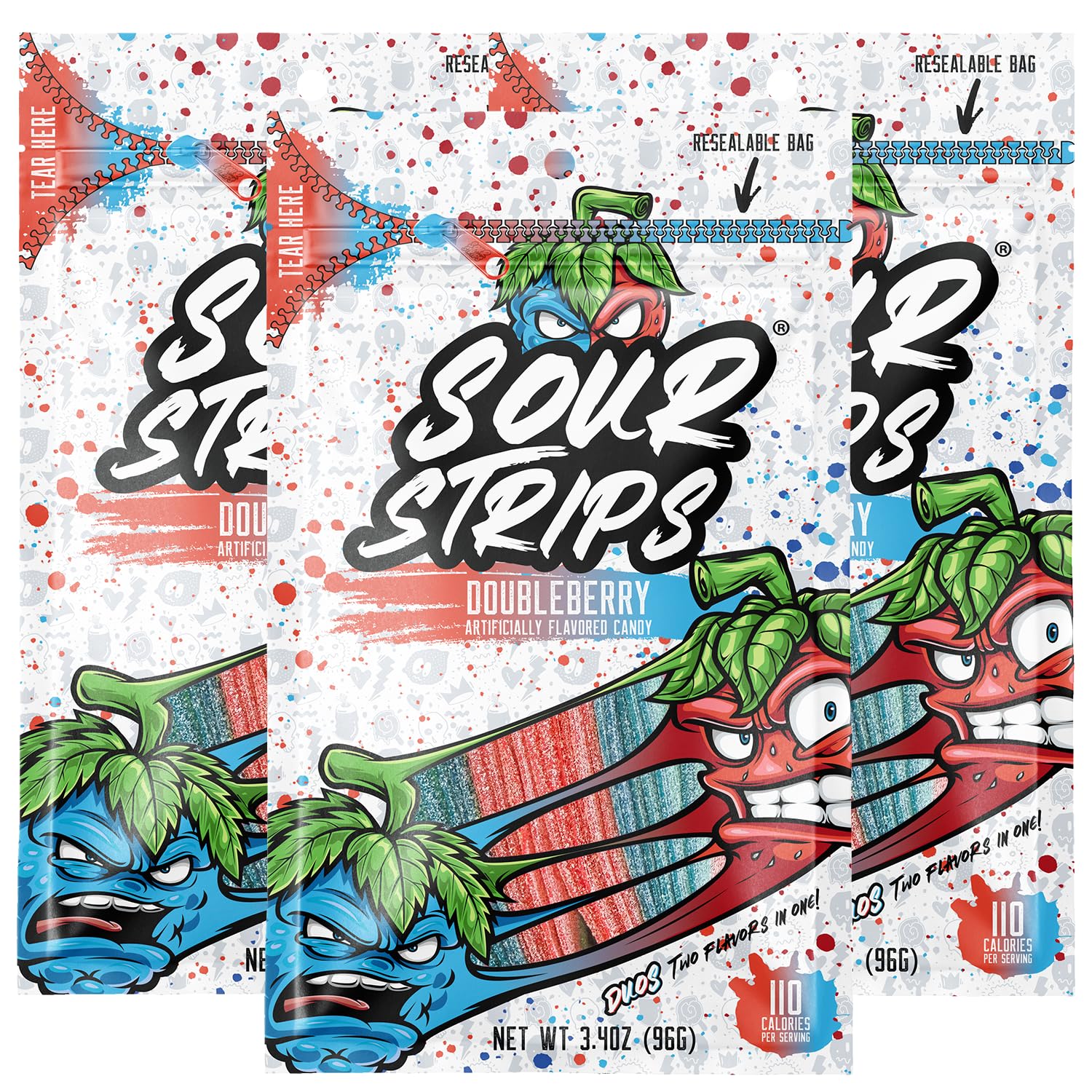 Sour Strips Flavored Sour Candy Strips - Tangy Chewy Candy Belts, Vegetarian & Gluten-Free, 3 Pack (Doubleberry) - Perfect for Movie Nights, Parties & Sweet Cravings