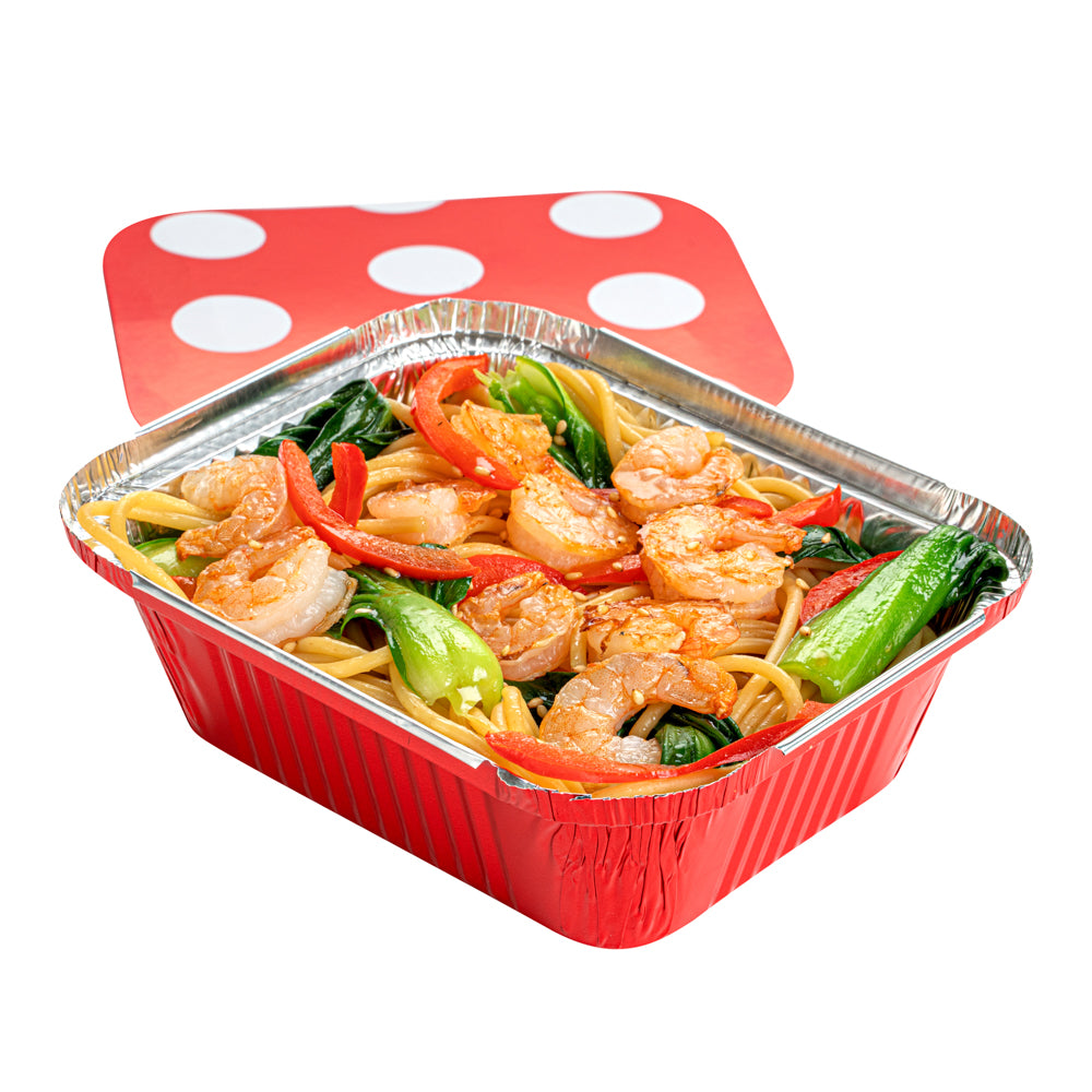 12 oz Red Aluminum Take Out Containers with Polka Dot Paper Lids - 50 Pack (5.75