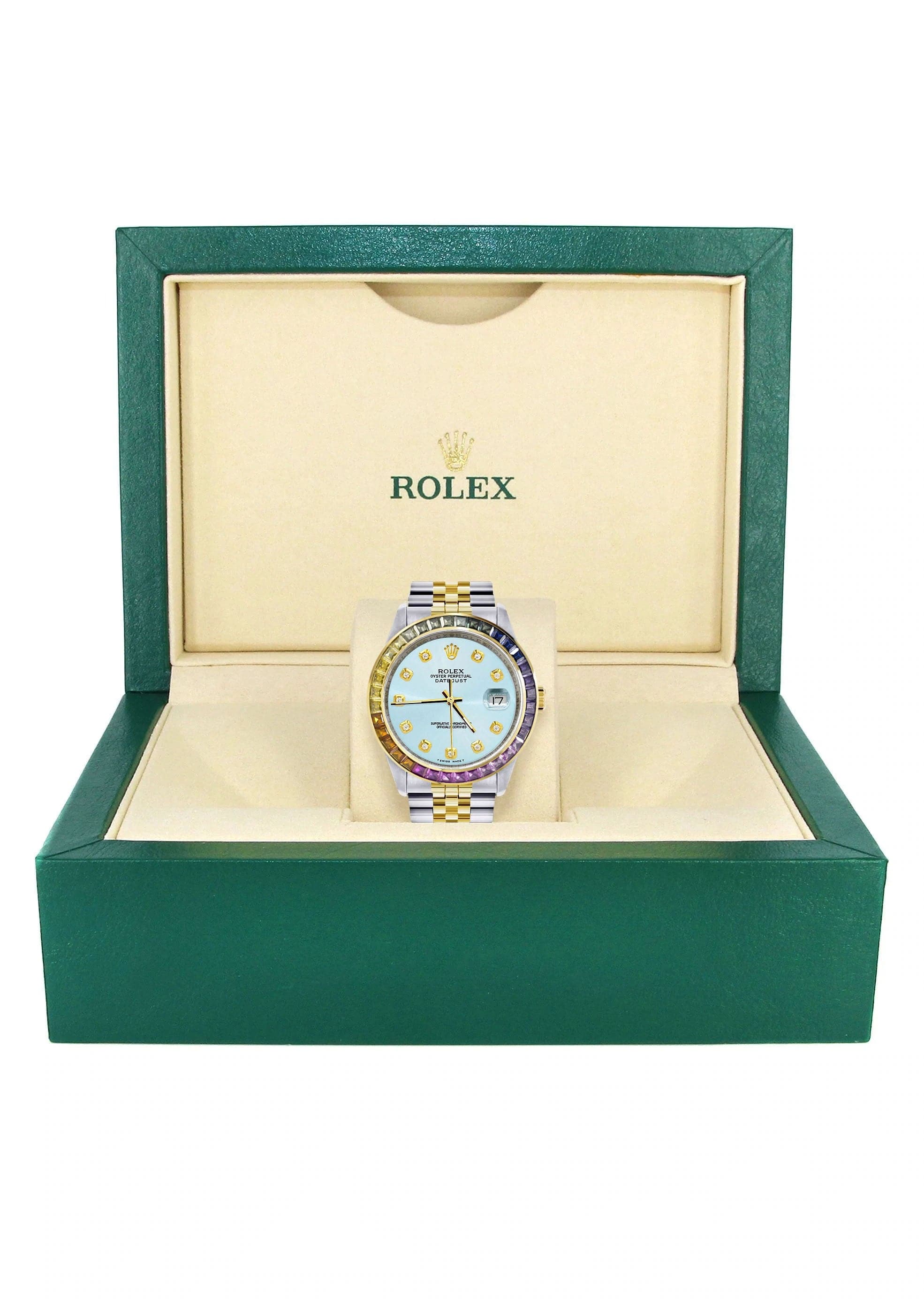 Luxury Diamond Gold Rolex Watch For Men 16233 | 36mm Stainless Steel | Rainbow Sapphire Bezel | Light Blue Dial | Jubilee Bracelet | Perfect for Business, Gifts & Special Occasions