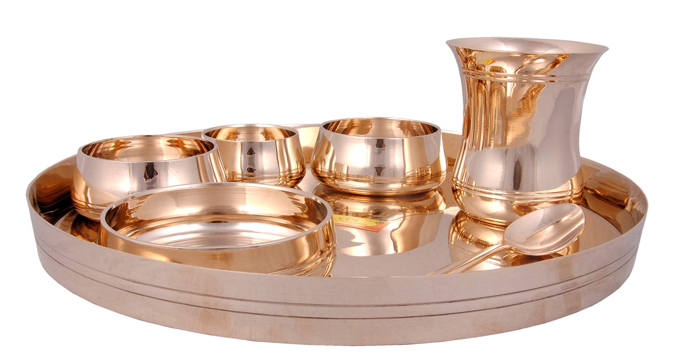 Shiv Shakti Arts® Premium 7-Piece Pure Bronze Kansa Thali Dinner Set in Gold - Luxury Ayurvedic Metal Dining Plates for Healthy Eating & Traditional Indian Meals - Perfect for Home Dining, Festivals & Wedding Gifts