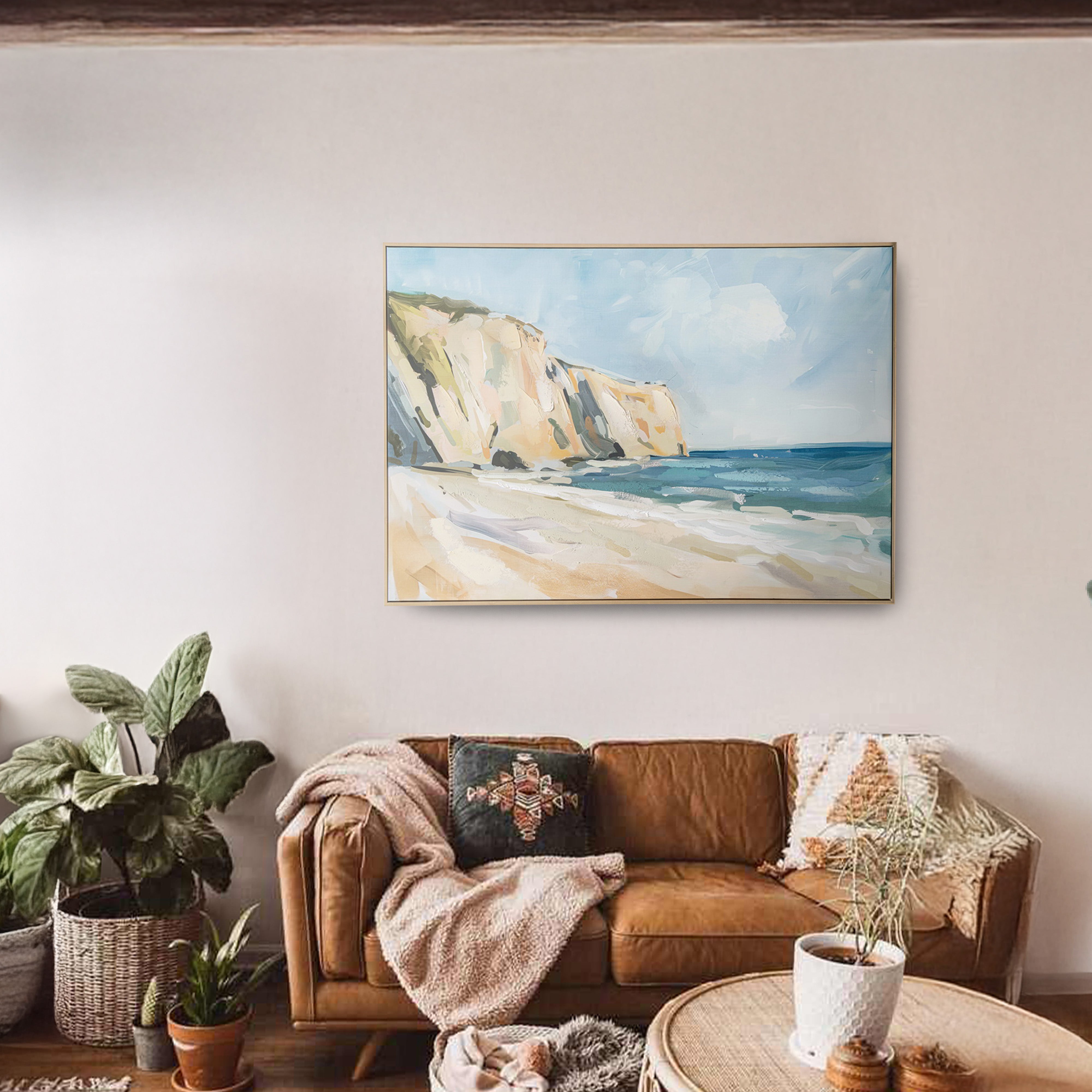 Urban Style Brushmarks Embellished Canvas Painted Shore Wall Art - Coastal Beach Decor for Living Room, Bedroom & Office