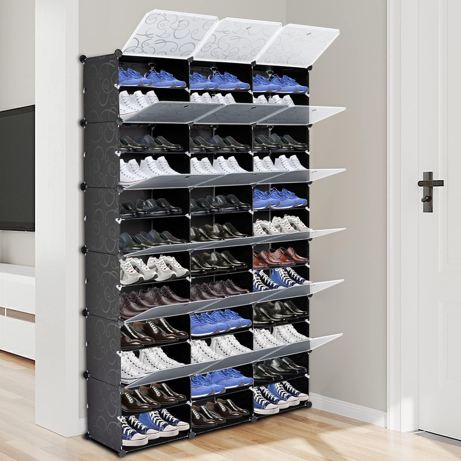 Aeitc 72-Pair Shoe Rack Organizer - Narrow Stackable Shoe Storage Cabinet | Space-Saving Entryway, Hallway & Closet Solution (Black) | Perfect for Small Apartments, Mudrooms & Bedroom Organization
