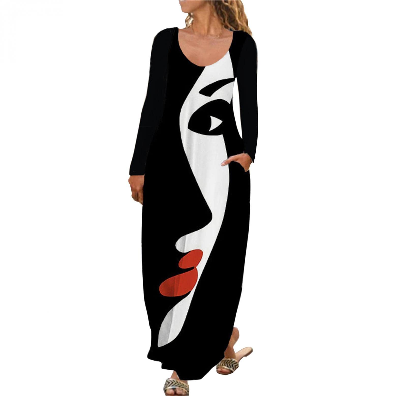 Useagrey Women's Casual Floral Print Maxi Dress Plus Size Long Sleeve with Pockets - Loose Flowy Long Dress for Summer Beach, Vacation & Everyday Wear