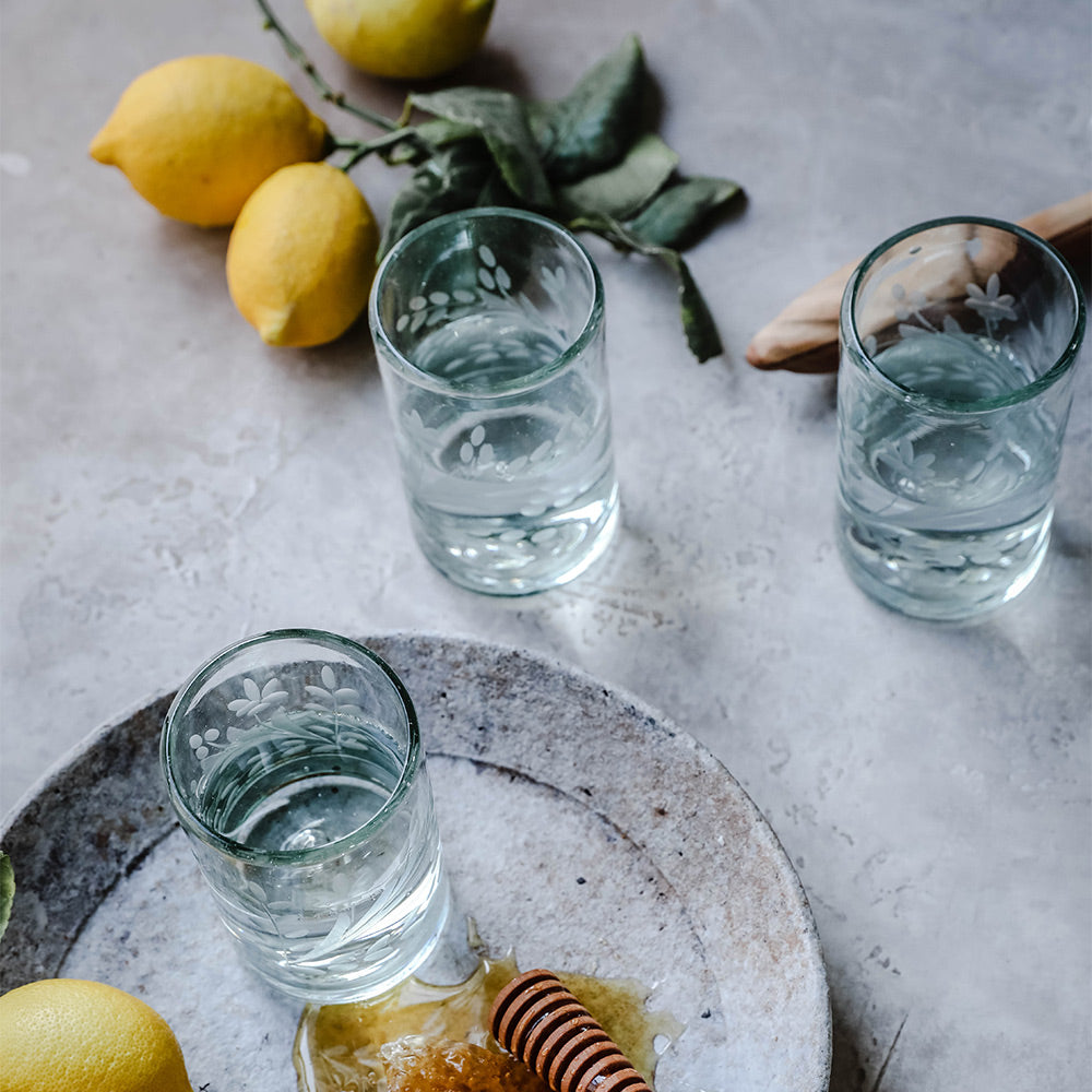 Hand Etched Floral Recycled Glassware Set - Eco-Friendly Drinking Glasses for Wine, Juice & Cocktails - Perfect for Parties, Weddings & Home Decor