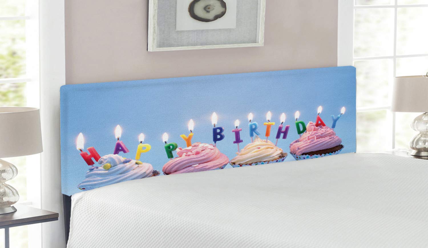 Ambesonne Queen Size Upholstered Headboard with Memory Foam - Delicious Cupcakes & Letter Candles Birthday Celebration Theme - Decorative Metal Bed Frame for Bedroom Decor | Perfect for Birthday Parties, Guest Rooms & Themed Bedrooms