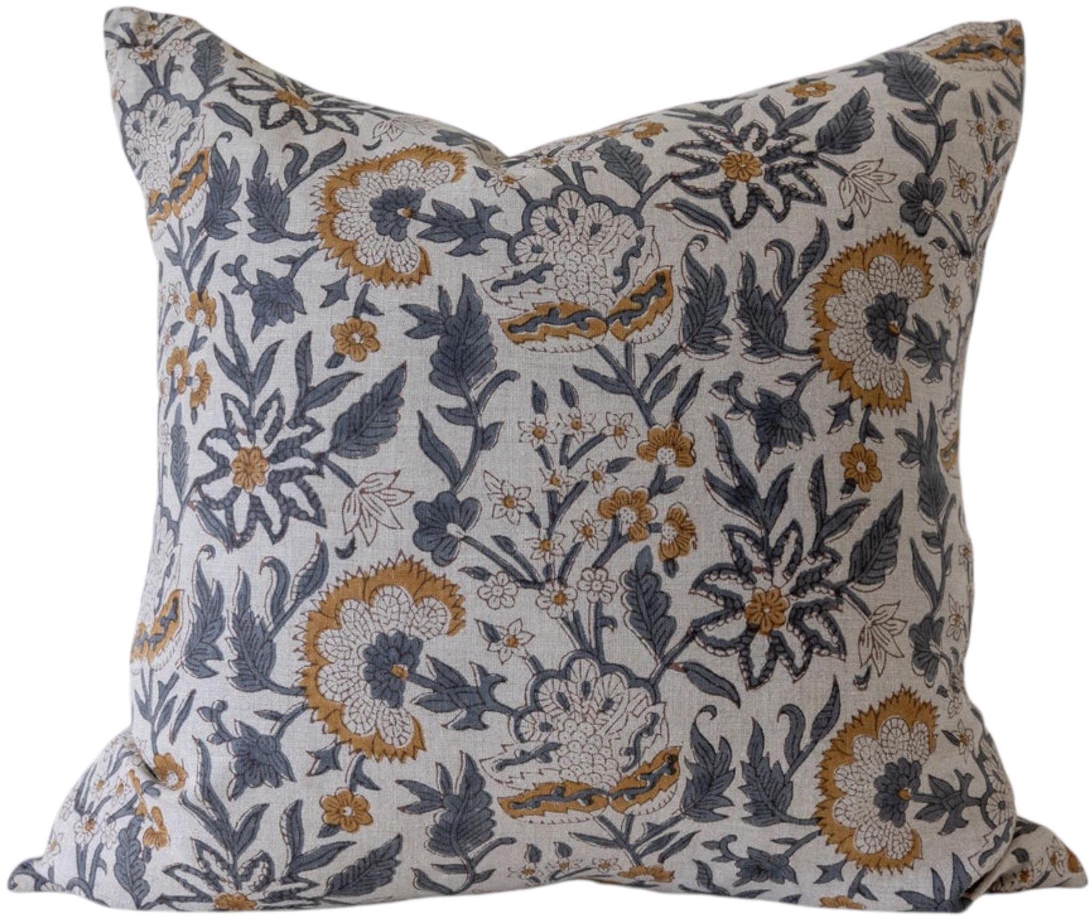 Ivins Block Print Floral Pillow Cover - Handmade Designer Home Decor for Living Room, Bedroom & Sofa - Bohemian Style Throw Pillow Case