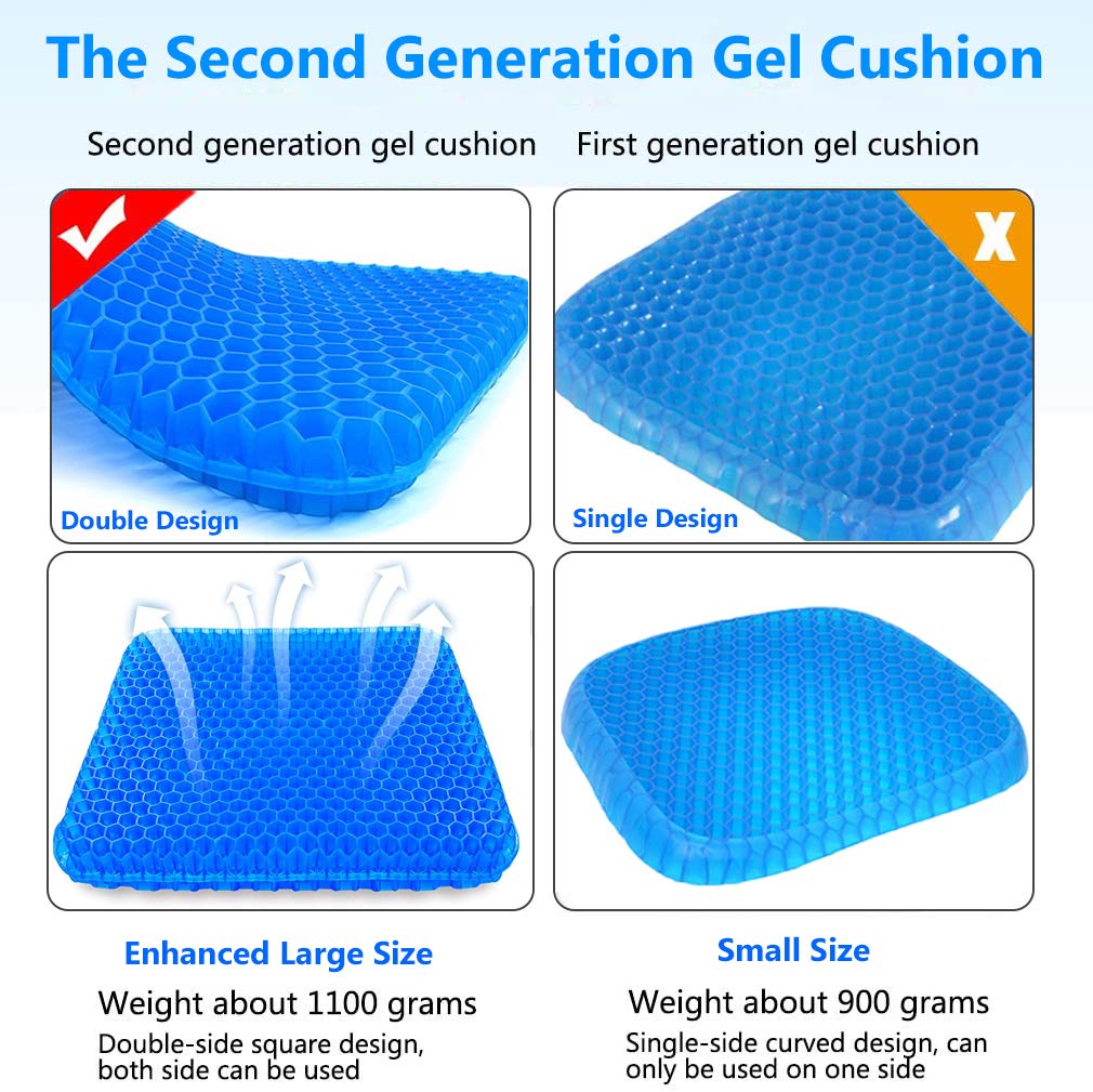 Gel Seat Cushion for Office Chair & Car - Double Thick Honeycomb Design with Non-Slip Cover - Pressure Relief & Breathable Comfort for Home, Wheelchair & Long Sitting (Blue) - Perfect for Work, Driving & Pain Relief